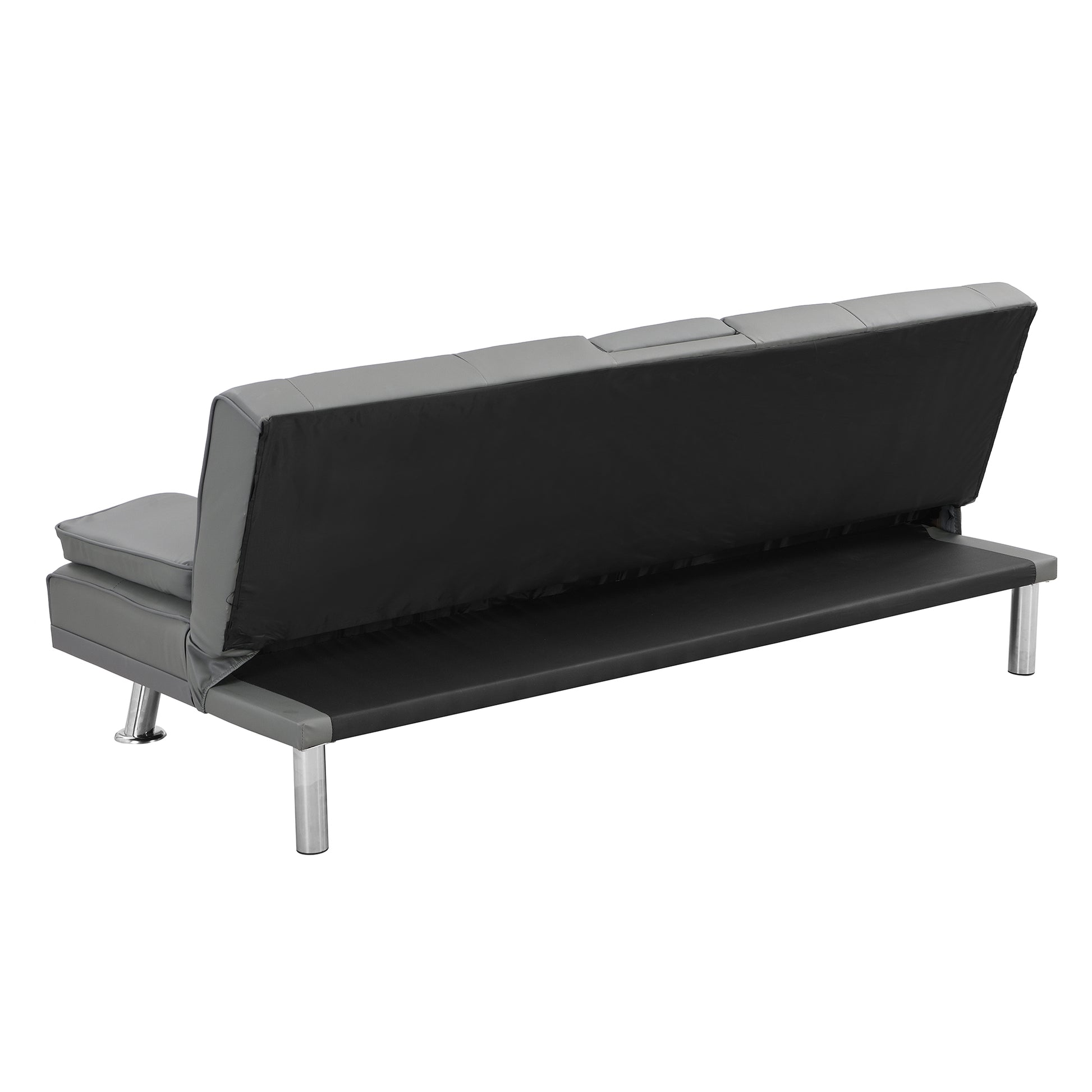 Sofa Bed With Armrest Two Holders Wood Frame, Stainless Leg, Futon Grey Pvc Grey Leather 2 Seat