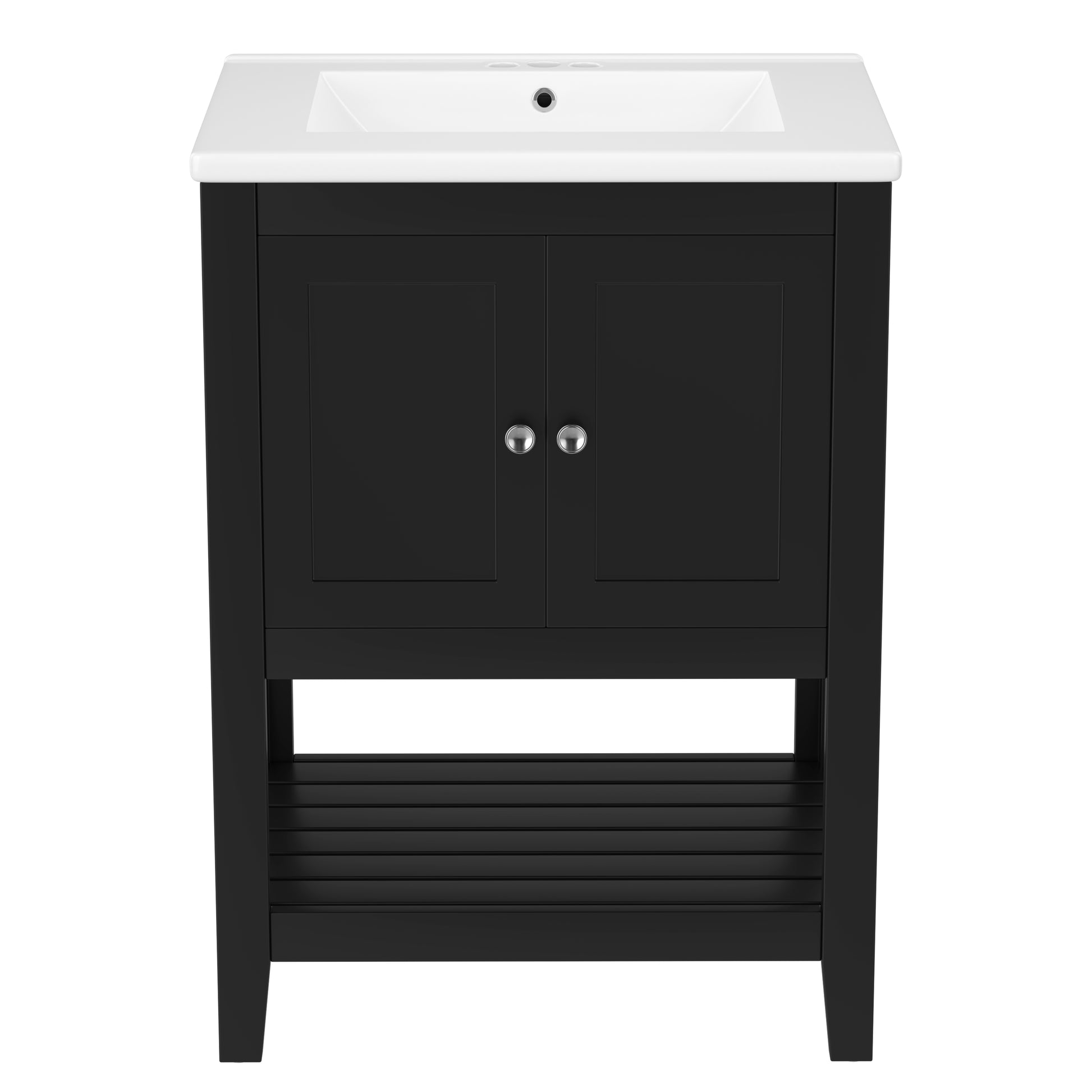 Video 24" Black Modern Sleek Bathroom Vanity Elegant Ceramic Sink With Solid Wood Frame Open Style Shelf Black Solid Wood Mdf
