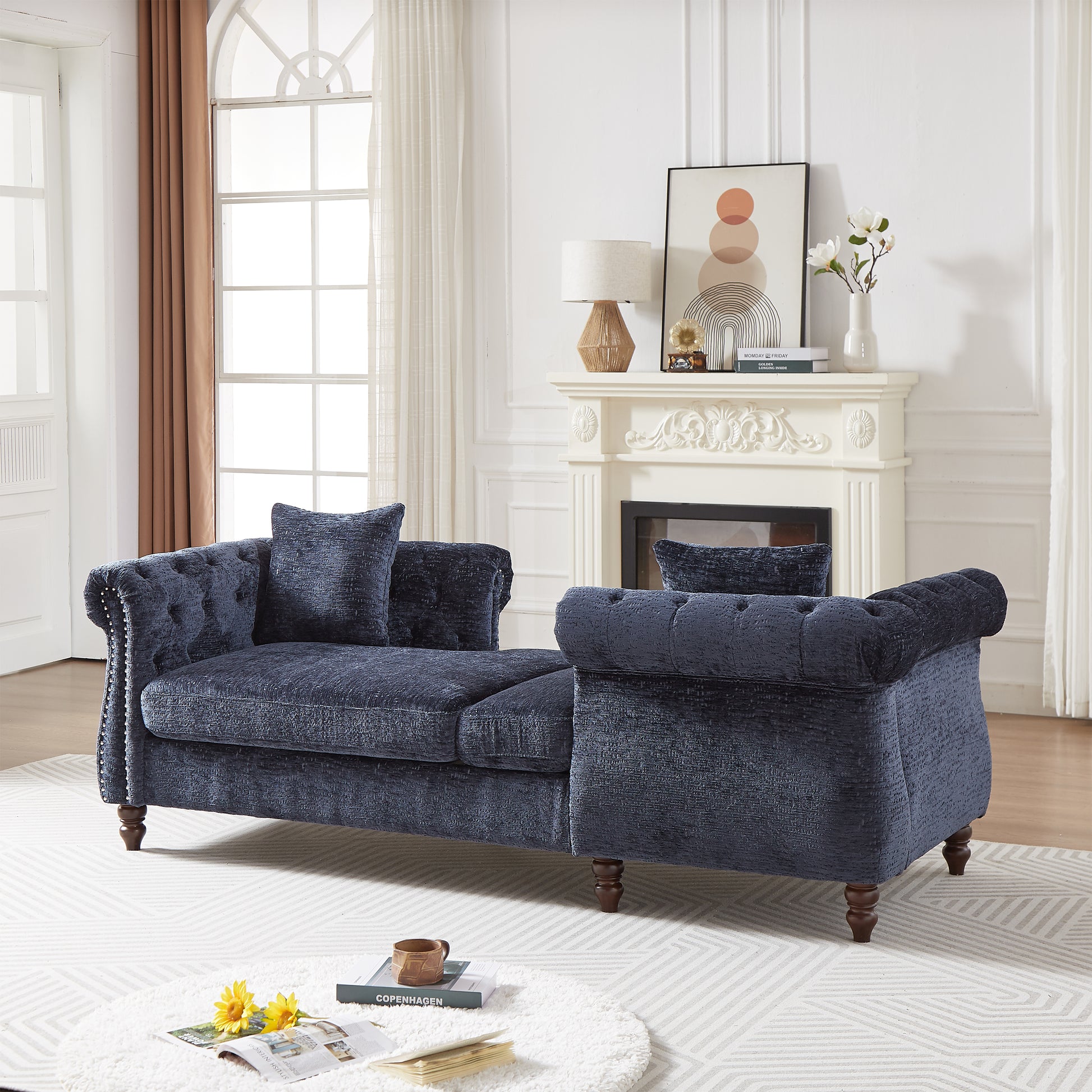 81 Inch Chenille Face To Face Chaise Lounge With Two Pillows,Nailhead Trim,Button Tufted Design And Rolled Arms For Lounge, Living Room And Office Blue Chenille 1 Seat