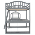 Full Wooden Loft Bed With U Shaped Desk,Storage Compartments And Tri Fold Mirror, Gray Gray Plywood,Solid Wood Mdf