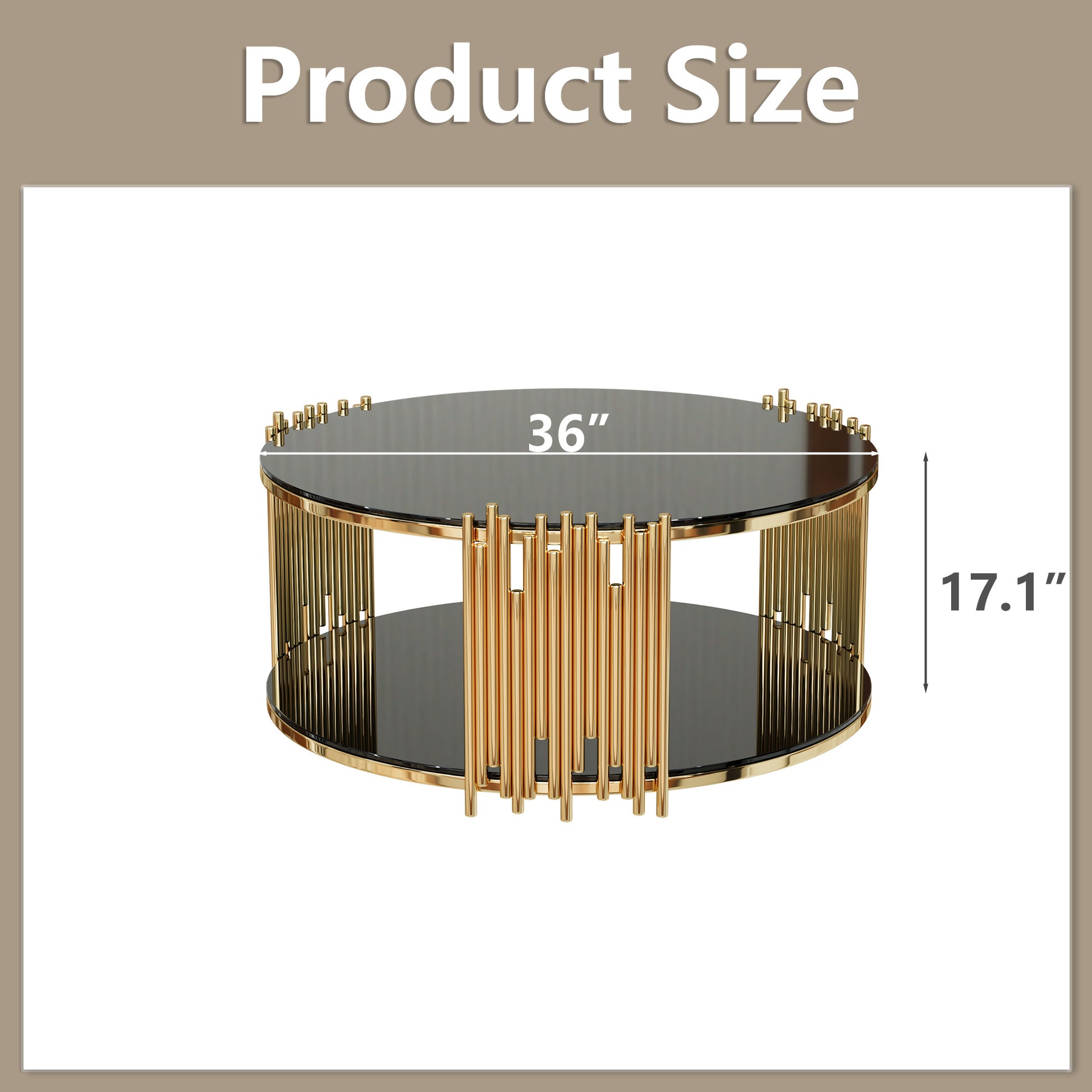 Modern Minimalist Light Luxury Style Stainless Steel Circular Coffee Table, Black Tempered Glass Countertop, Living Room Coffee Table Black Glass,Stainless Steel