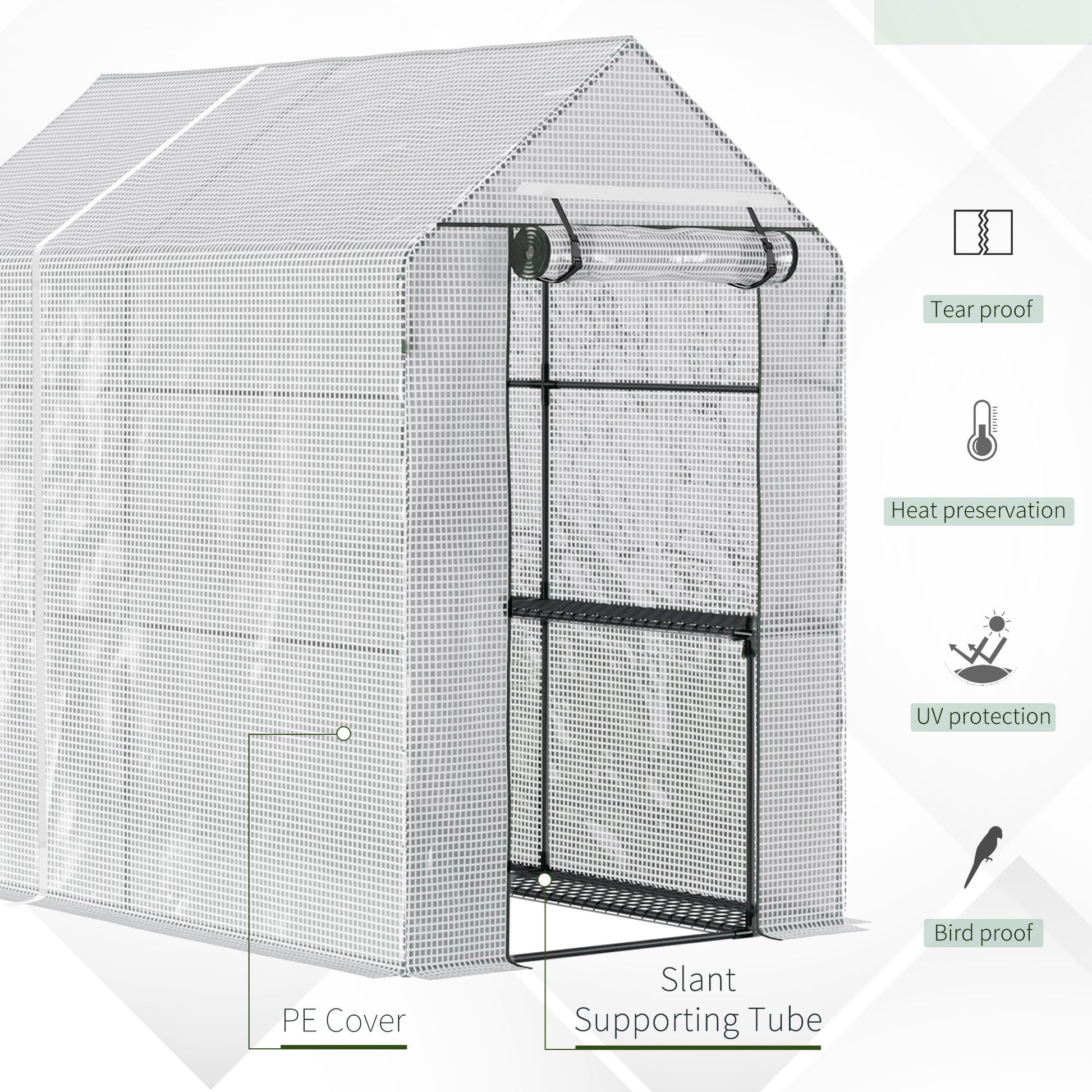 Outsunny 47.25" X 73.25" X 74.25" Walk In Greenhouse, Outdoor Portable Plant Flower Growing Warm House With Roll Up Door And 4 Shelves, White White Plastic