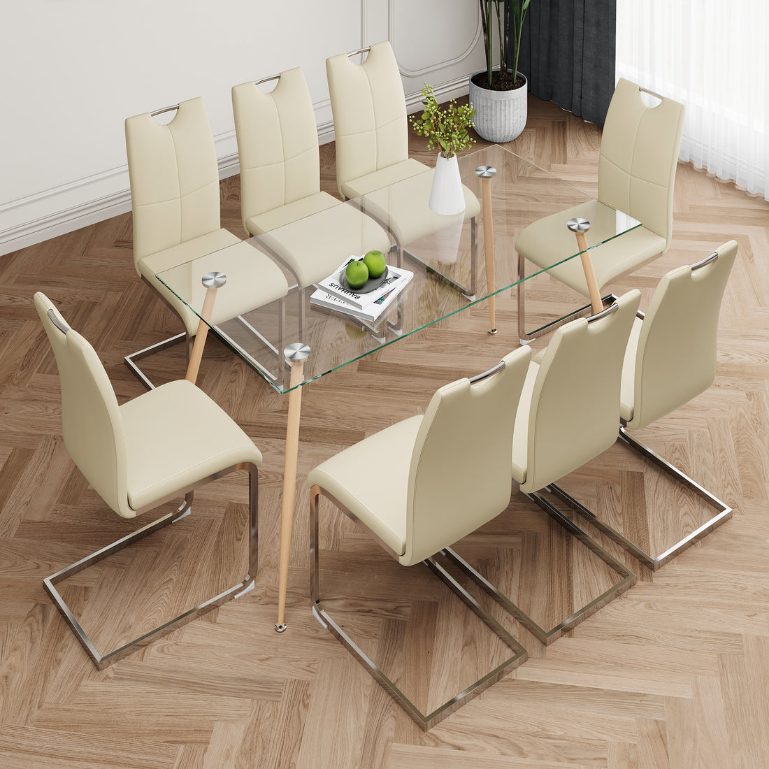 Modern Simple Rectangular Glass Dining Table, Solid Tempered Glass Countertop, Wood Transfer Metal Table Legs, Light Yellow Pu Dining Chair Set, Suitable For Restaurant Kitchen Use Set Of 9 Upholstered Chair Glass Light Yellow Seats 8 Metal Rectangular