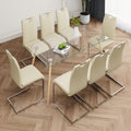 Modern Simple Rectangular Glass Dining Table, Solid Tempered Glass Countertop, Wood Transfer Metal Table Legs, Light Yellow Pu Dining Chair Set, Suitable For Restaurant Kitchen Use Set Of 9 Upholstered Chair Glass Light Yellow Seats 8 Metal Rectangular