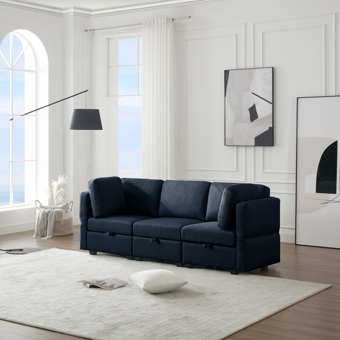 Oversized Modular Sectional Convertible Fabric Sofa Set,Extra Large Sectional Storage Seat Couch For Living Room, 3 Seat Modern Modular Sofa Blue Blue Polyester 3 Seat