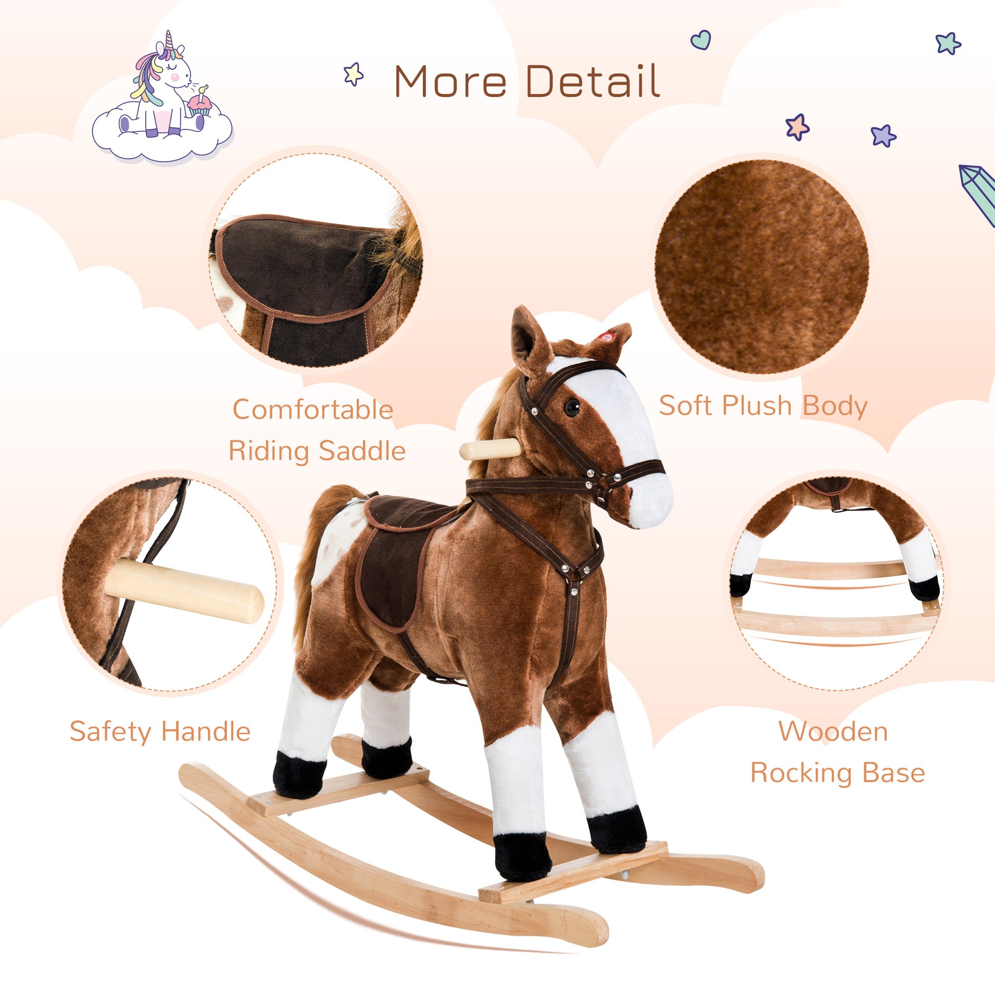 Qaba Kids Plush Toy Rocking Horse Pony Toddler Ride On Animal For Girls Pink Birthday Gifts With Realistic Sounds, Brown Brown Polyester