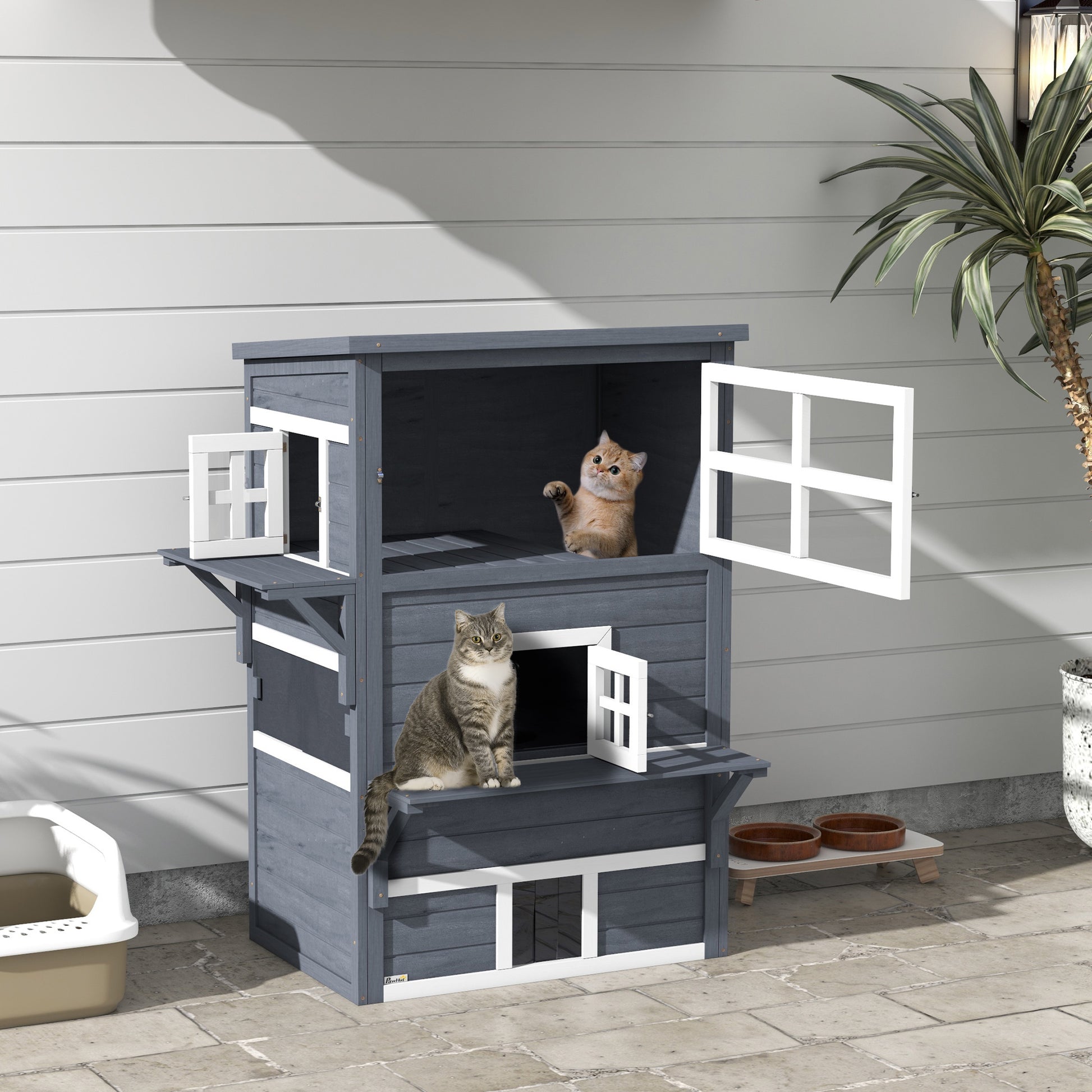 Pawhut 3 Story Cat House Feral Cat Shelter, Outdoor Kitten Condo With Raised Floor, Asphalt Roof, Escape Doors, Jumping Platforms, Dark Gray Dark Gray Wood