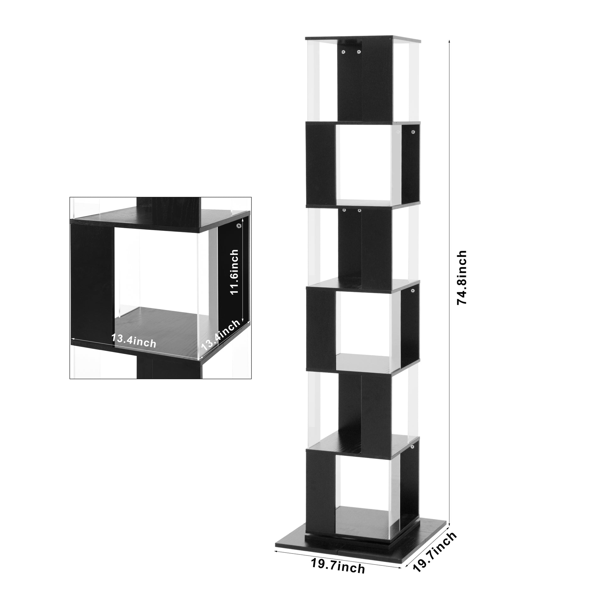 6 Tier Rotating Bookshelf, Floor Rack Simple Bookcase With Acrylic Plate Student Multi Function Creative Bookshelf For Living Room With Anti Toppling Base Black Particle Board