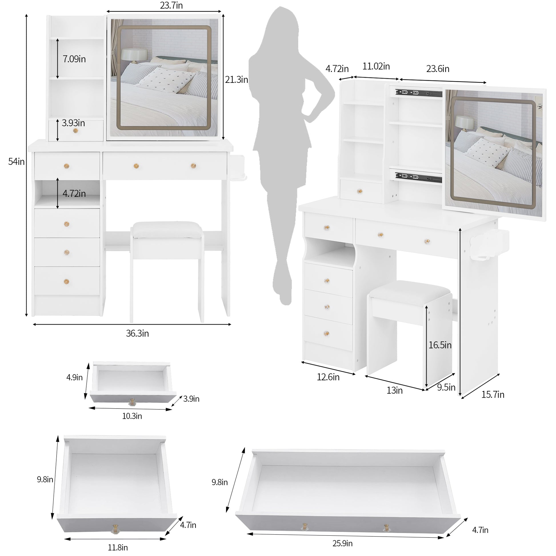 37" Middle Size Left Drawer Desktop Vanity Table Cushioned Stool Dresser Set, 2 Ac 2 Usb Socket, Hair Dryer Stand, Large Touch Control Led Sliding Mirror, 3 Color Sswitch, Epa, Gcc, Ul Certificate