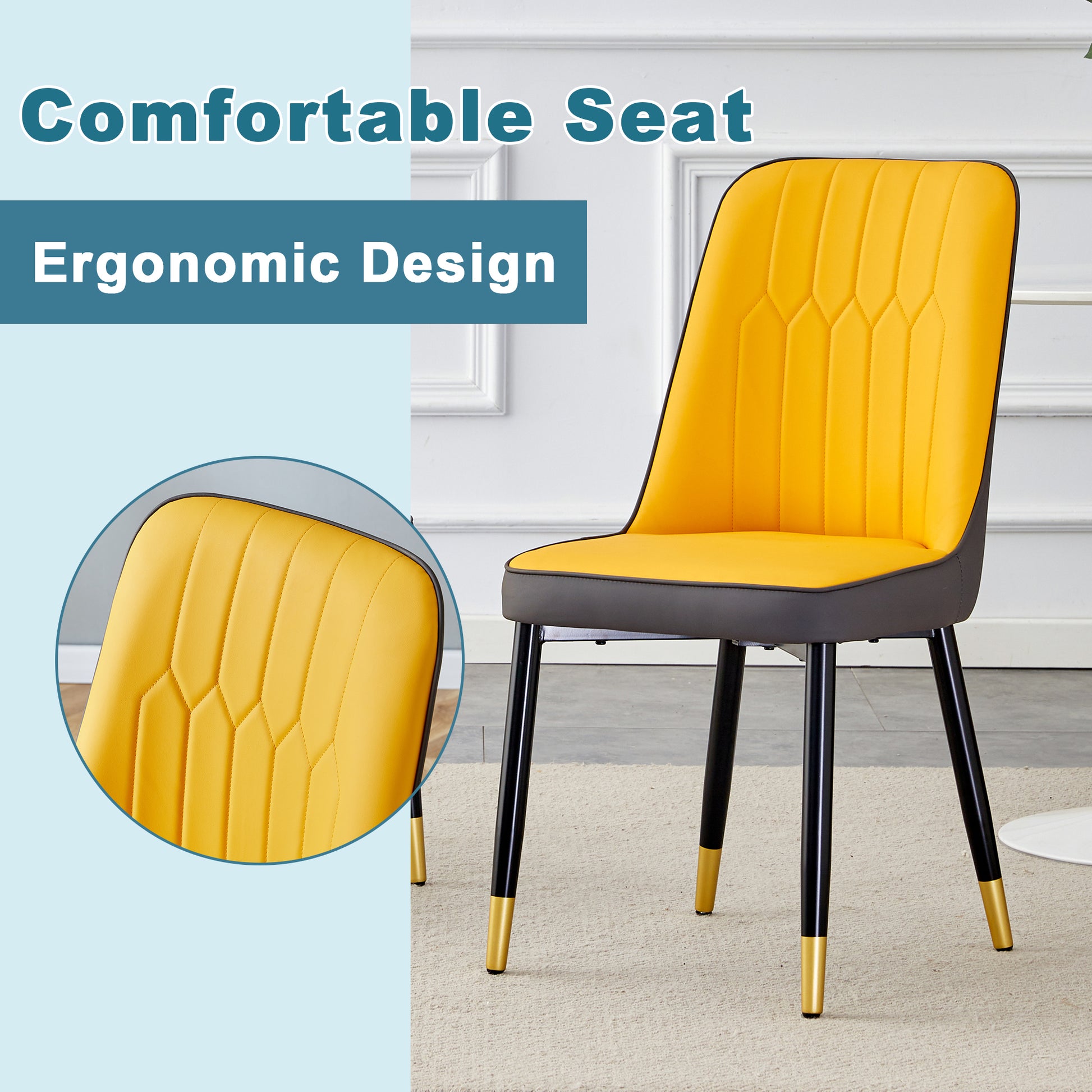 Table And Chair Set.This Modern Dining Table With Mdf Marbled Design Gives You A Luxurious And Elegant Feel.Paired With Multiple Chairs With Pu Artificial Leather Backrest Cushions And Black Legs. Yellow Black Seats 4 Mdf