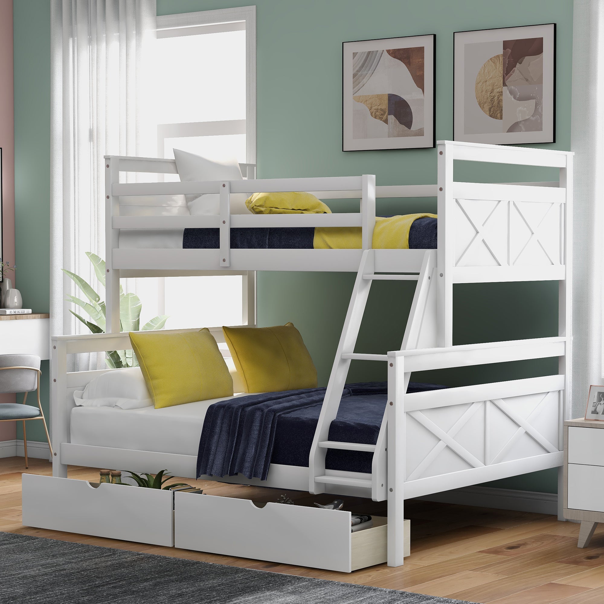 Twin Over Full Bunk Bed With Ladder, Two Storage Drawers, Safety Guardrail, White Twin Box Spring Not Required White Bedroom Bunk Pine