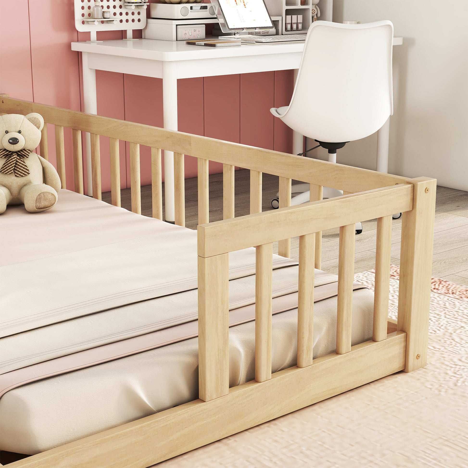 Double Twin Floor Bed With Fence, Guardrails, Without Door, Natural Twin Natural American Design Pine