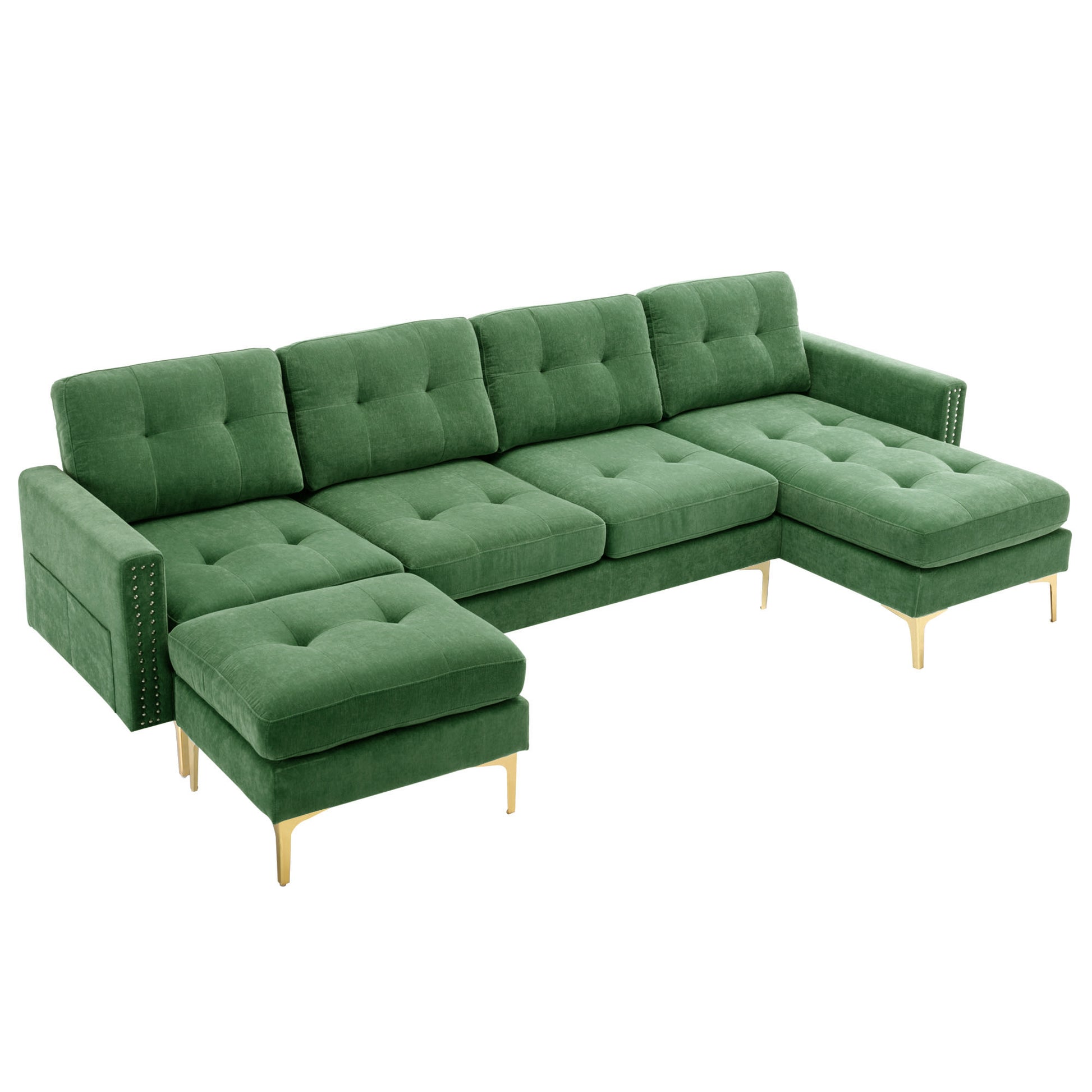 110" L Shape Convertible Sectional Sofa Couch With Movable Ottoman For Living Room, Apartment, Office, Green Green Foam Velvet 4 Seat