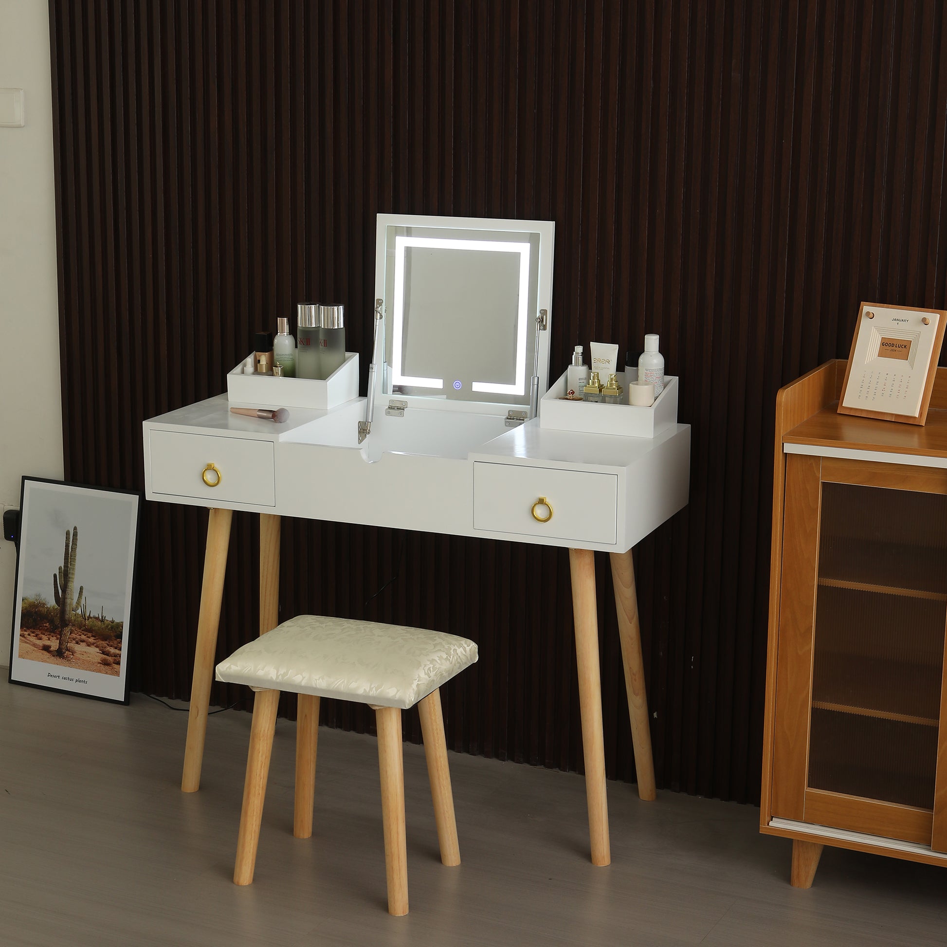 Vanity Desk Set With Led Lighted Mirror & Power Outlet, Flip Top Vanity Table With Drawers & Cabinet, For Bedroom, Bathroom Gold White Wood