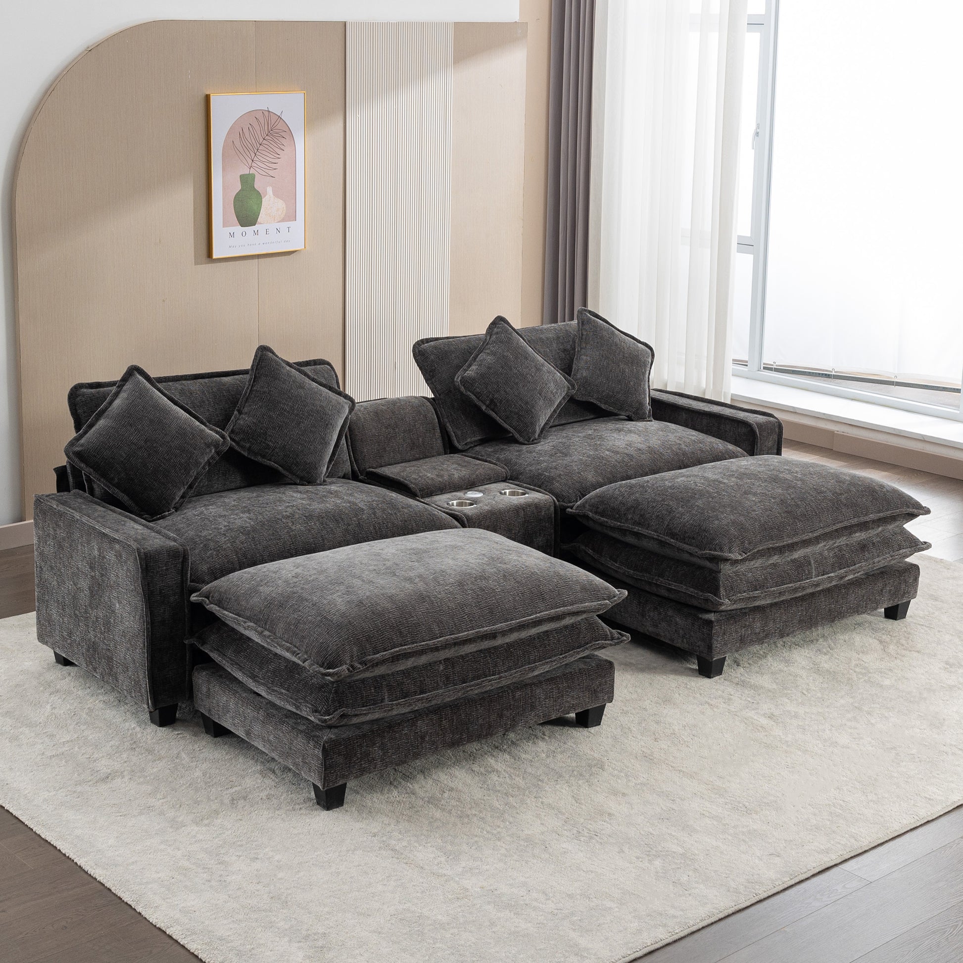 112.6" Sectional Sofa Chenille Upholstered Sofa With Two Removable Ottoman, Two Usb Ports, Two Cup Holders And Large Storage Box For Living Room, Black Black Foam Chenille 2 Seat