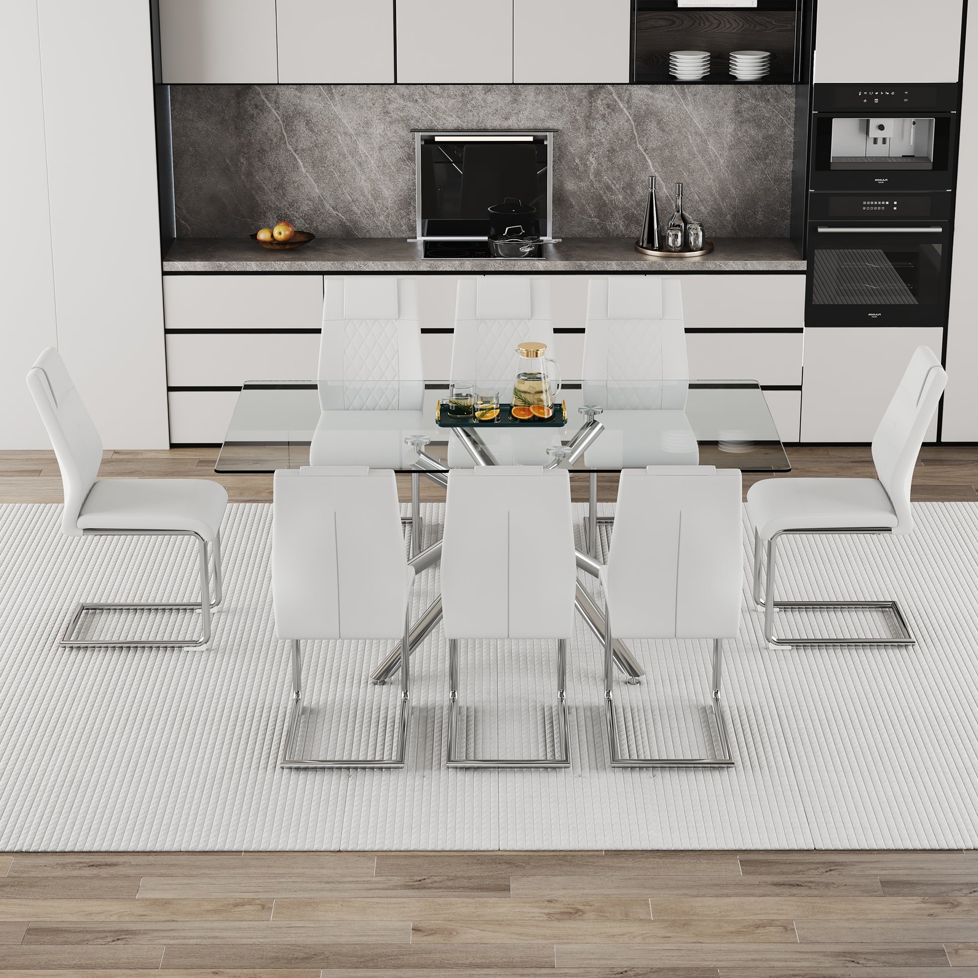 Table And Chair Set.Modern Luxurious Transparent Tempered Glass Dining Table Set With 8 Chairs.Single Fork Silver Metal Table Legs.White High Quality Pu Dining Chairs With Silver Metal Legs.