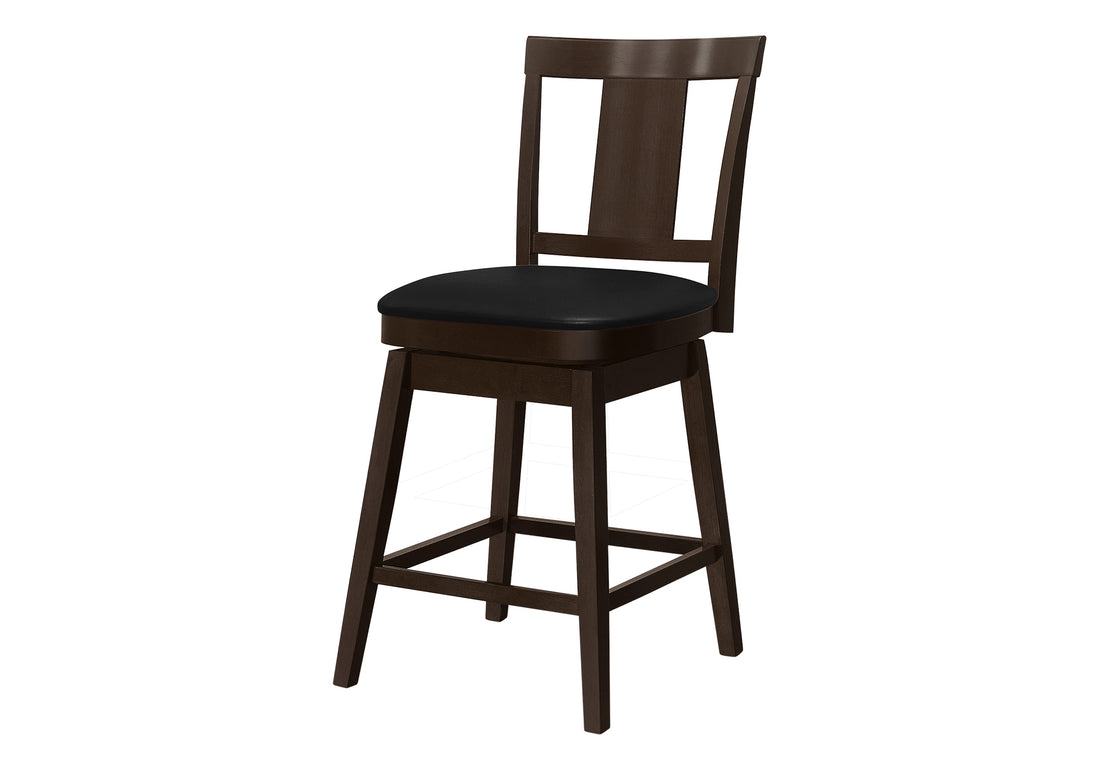 Bar Stool, Set Of 2, Swivel, Counter Height, Kitchen, Brown Wood, Black Leather Look, Transitional Espresso Foam Solid Wood