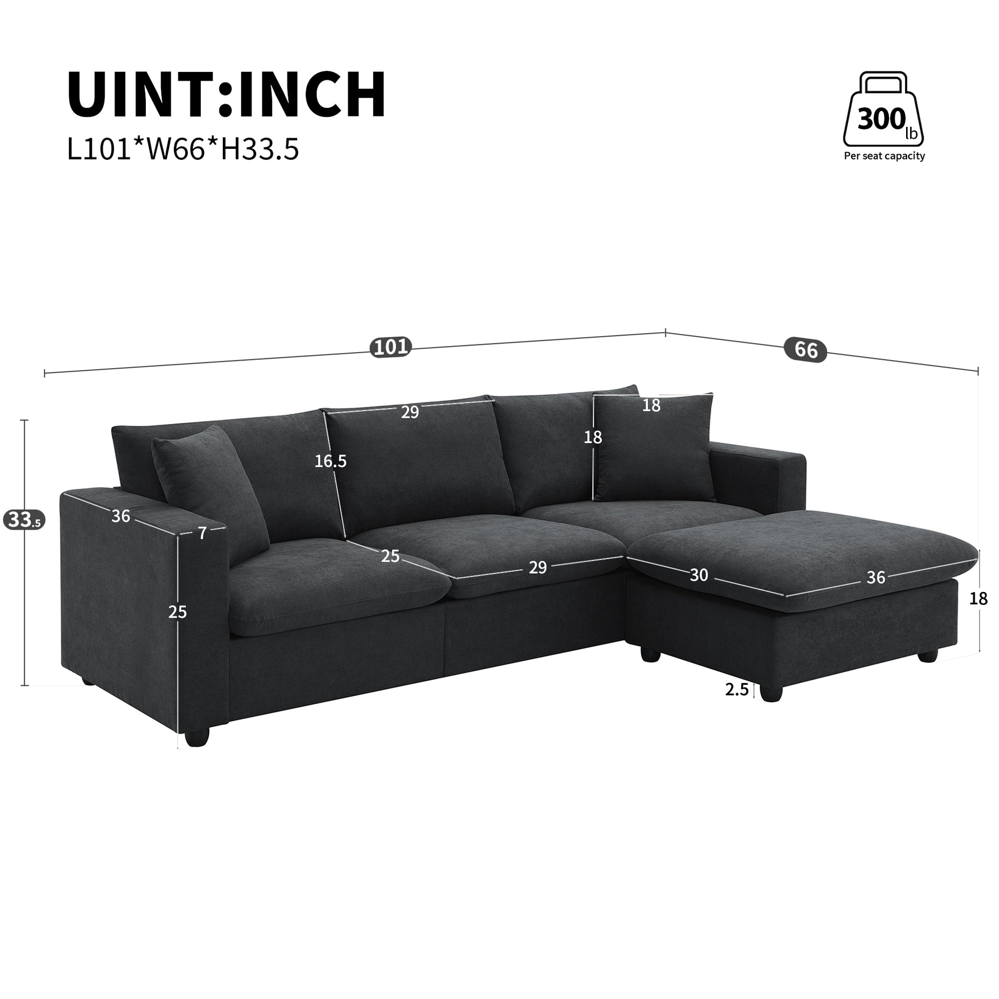 100.4*64.6" Modern Sectional Sofa,L Shaped Couch Set With 2 Free Pillows,4 Seat Polyester Fabric Couch Set With Convertible Ottoman For Living Room, Apartment, Office,4 Colors Black Polyester 3 Seat