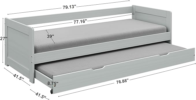 Cesgyfut Twin Daybed With Trundle, Modernwood Daybed With Armrest, Wood Daybedframe For Boy, Girl, No Box Spring Needed,Grey Twin Grey Pine