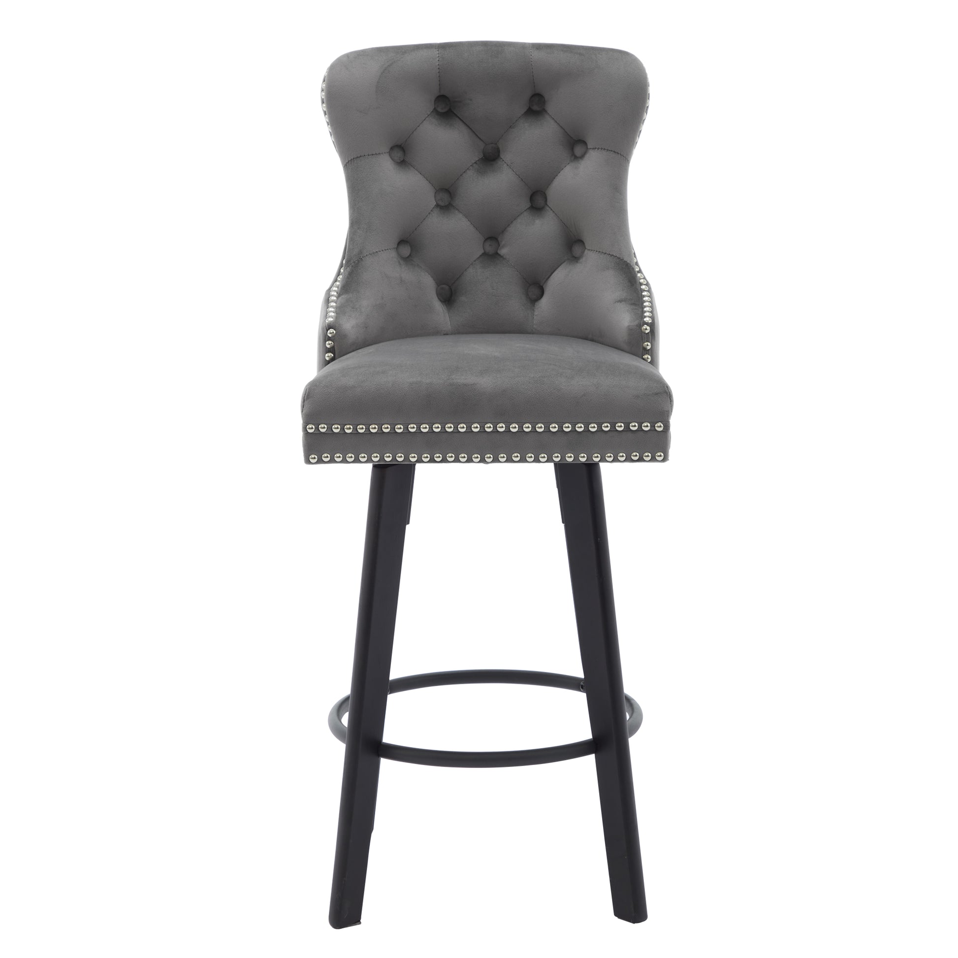 Modern Swivel Bar Stools Velvet Barstools Button Tufted Bar Stools Rivet Trim Bar Stools For Kitchen Island,Bistro, With Metal Pull Ring Sturdy Footrest Large Backrest For Home Bar,Dark Gray 3 Dark