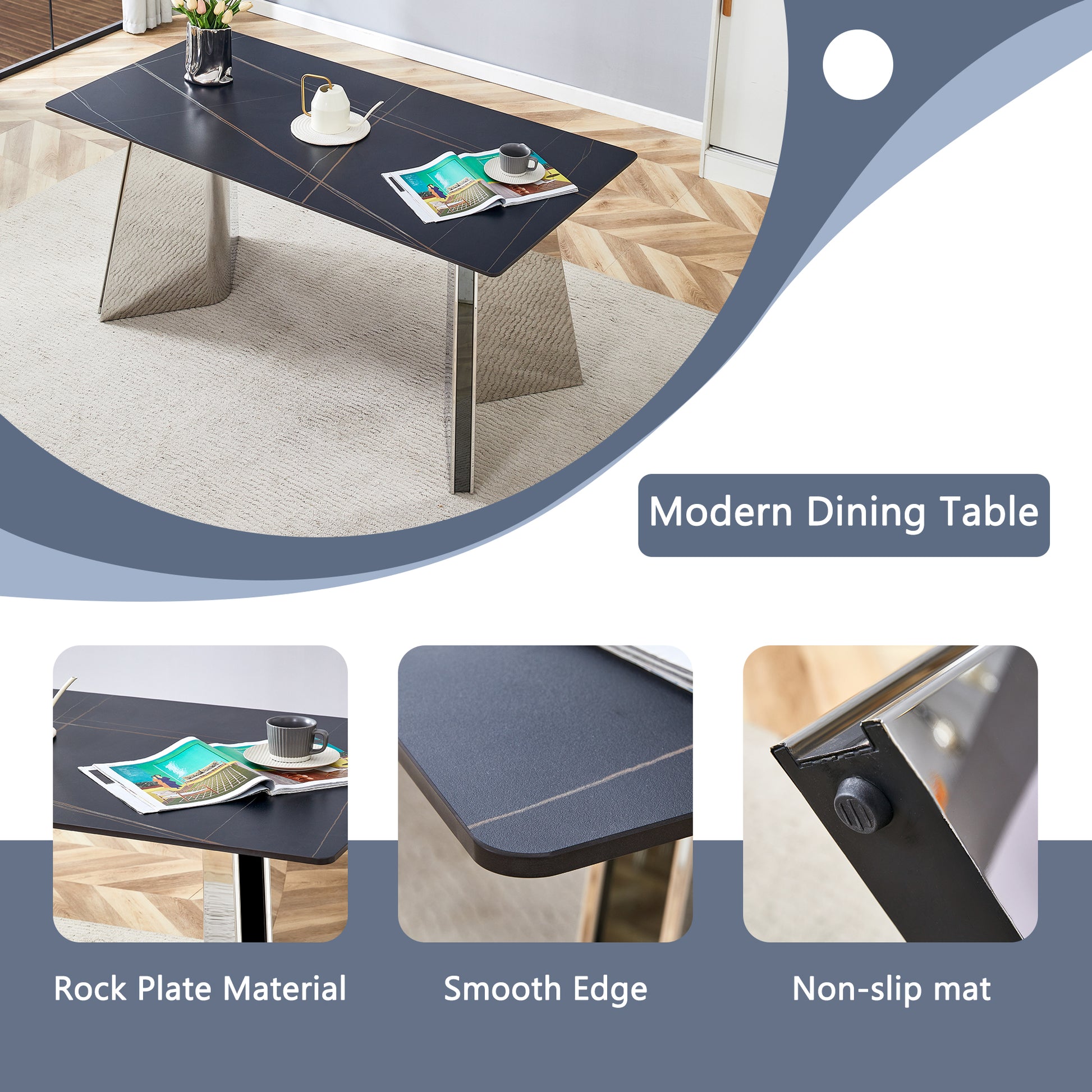 Table And Chair Set.63"X31.5X30" Black Marble Patterned Slabs Tabletop With Stainless Steel Butterfly Legs.Paried With 6 Black High Quality Pu Chairs With Silver Metal Legs. Black,Silver Seats 6