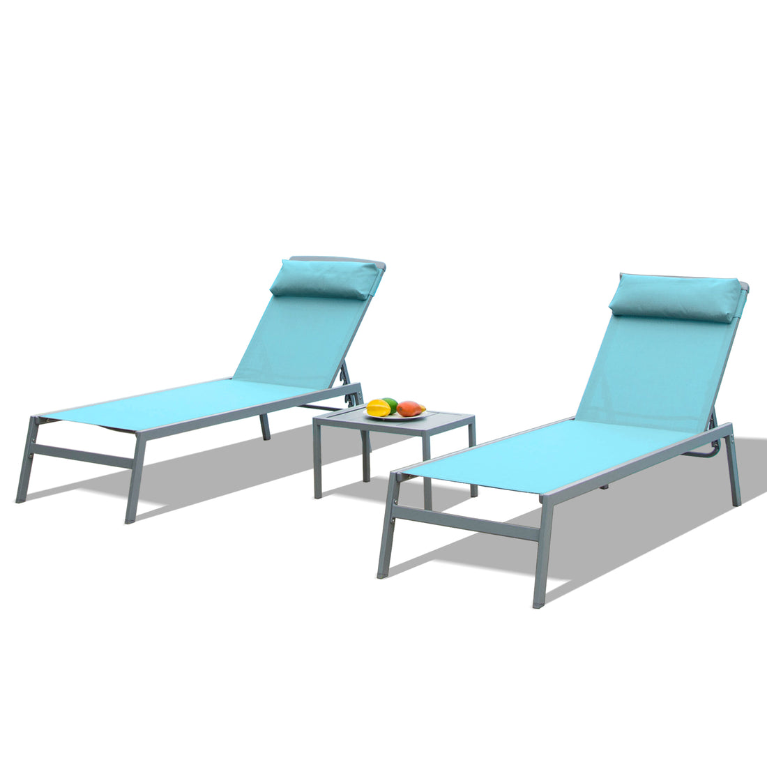 Patio Chaise Lounge Set, 3 Pieces Aluminum Adjustable Pool Lounge Chairs Textilene Sunbathing Recliner With Headrest Lake Blue,2 Lounge Chairs 1 Table Lake Blue Aluminium