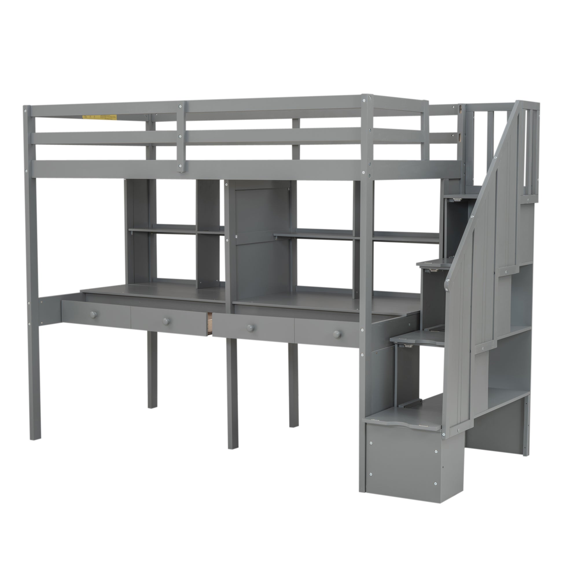 Twin Size Loft Bed Frame With Storage Staircase And Double Desks And Shelves,Gray Twin Gray Solid Wood Mdf