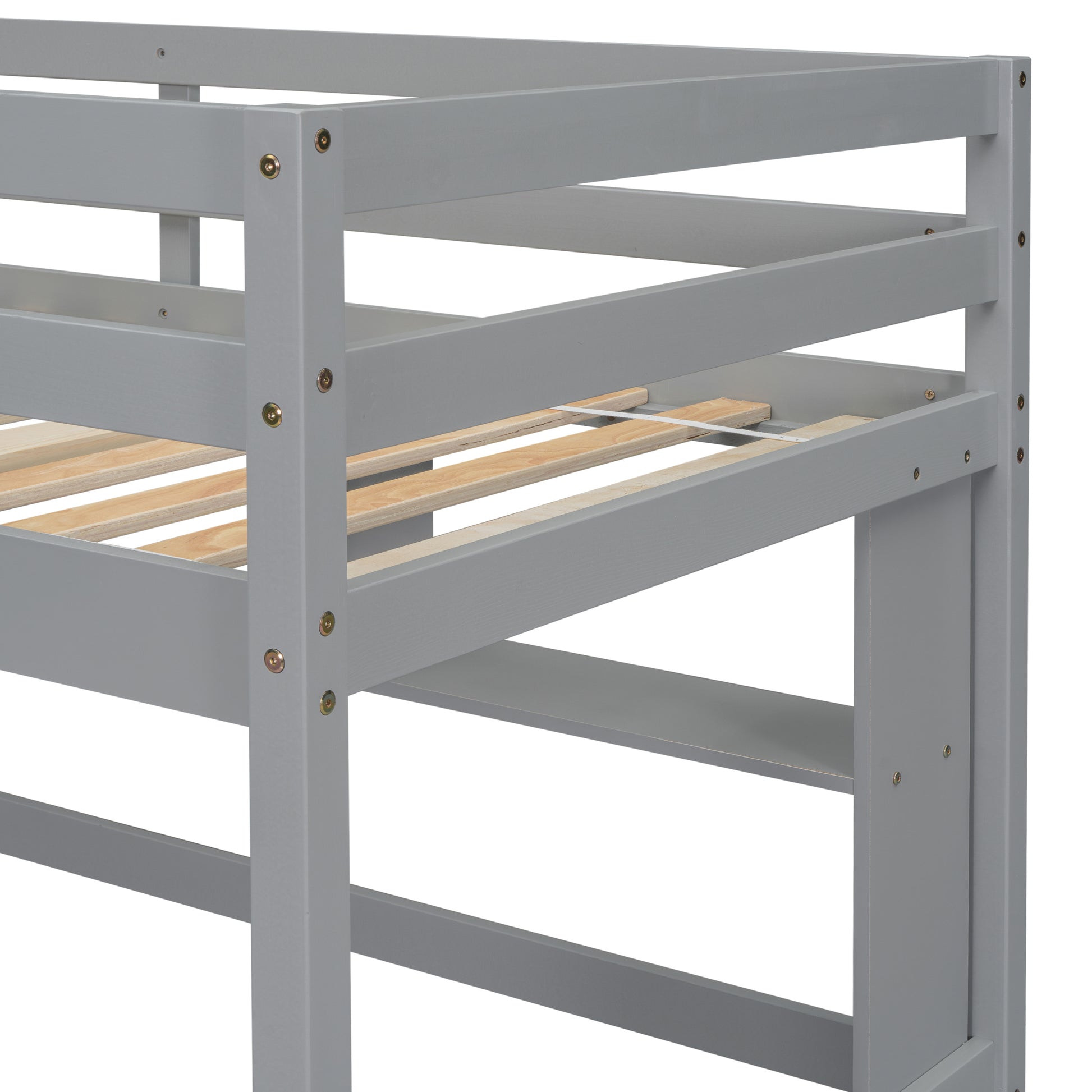 Twin Loft Bed With Built In Desk And Bookcase Of Three Compartments, Guardrails And Ladder,Grey Twin Grey Pine