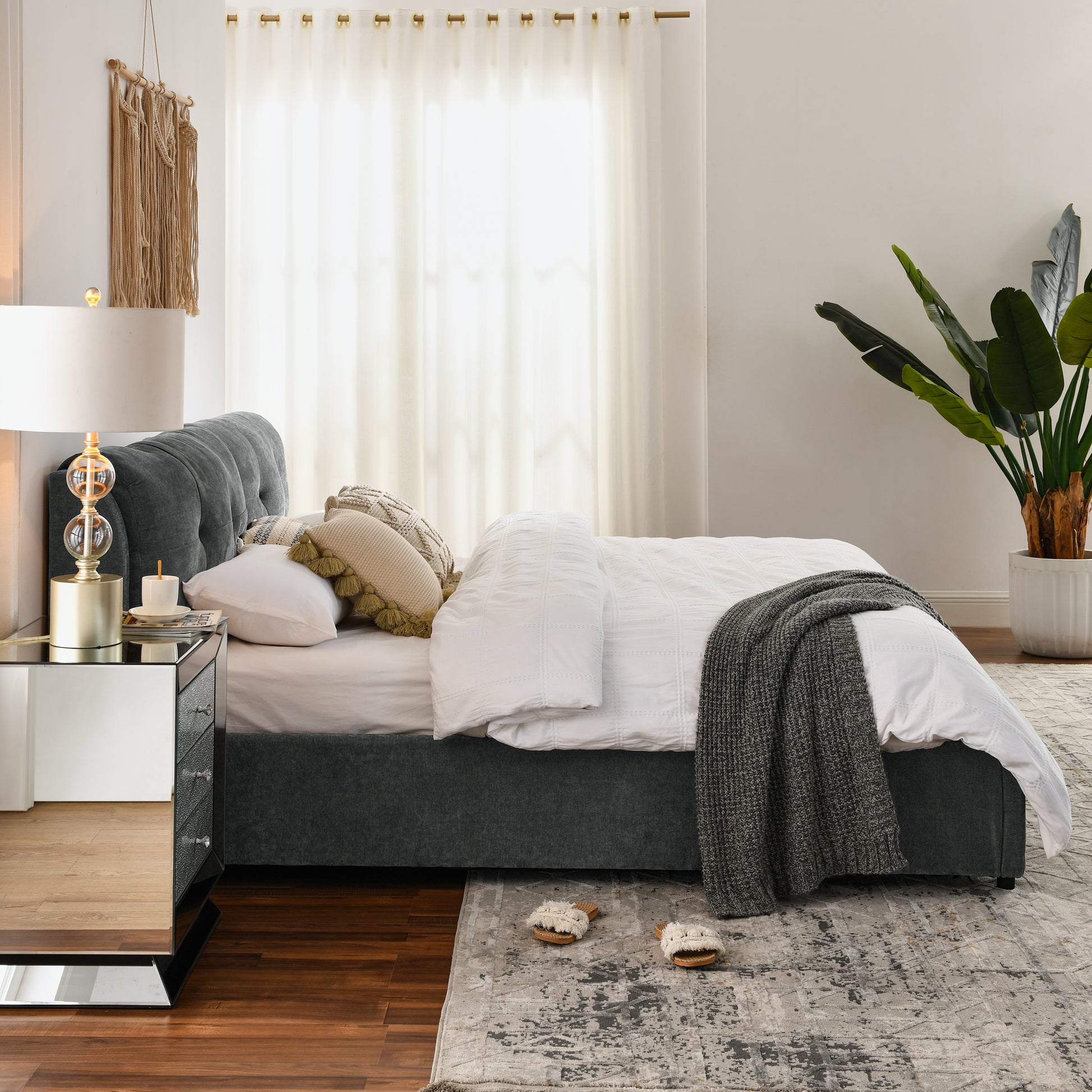 King Size Storage Upholstered Hydraulic Platform Bed With Integrated Headboard, Chenille Fabric, Gray King Gray Bedroom Luxury,Modern Chenille Chenille