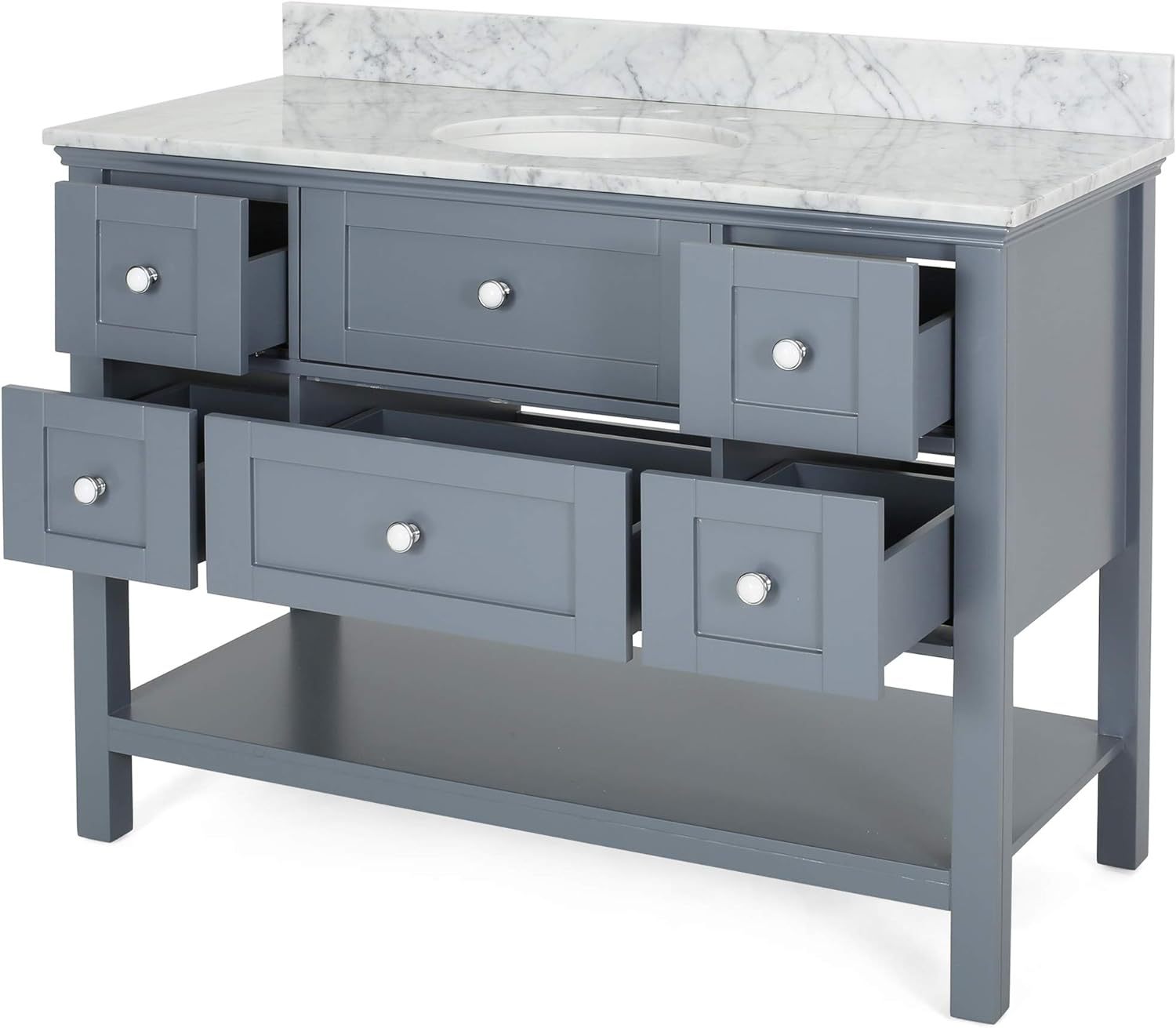 49'' Bathroom Vanity With Marble Top & Ceramic Sink, Open Shelf, 5 Drawers, Gray Same As N759S999002E Grey Plywood