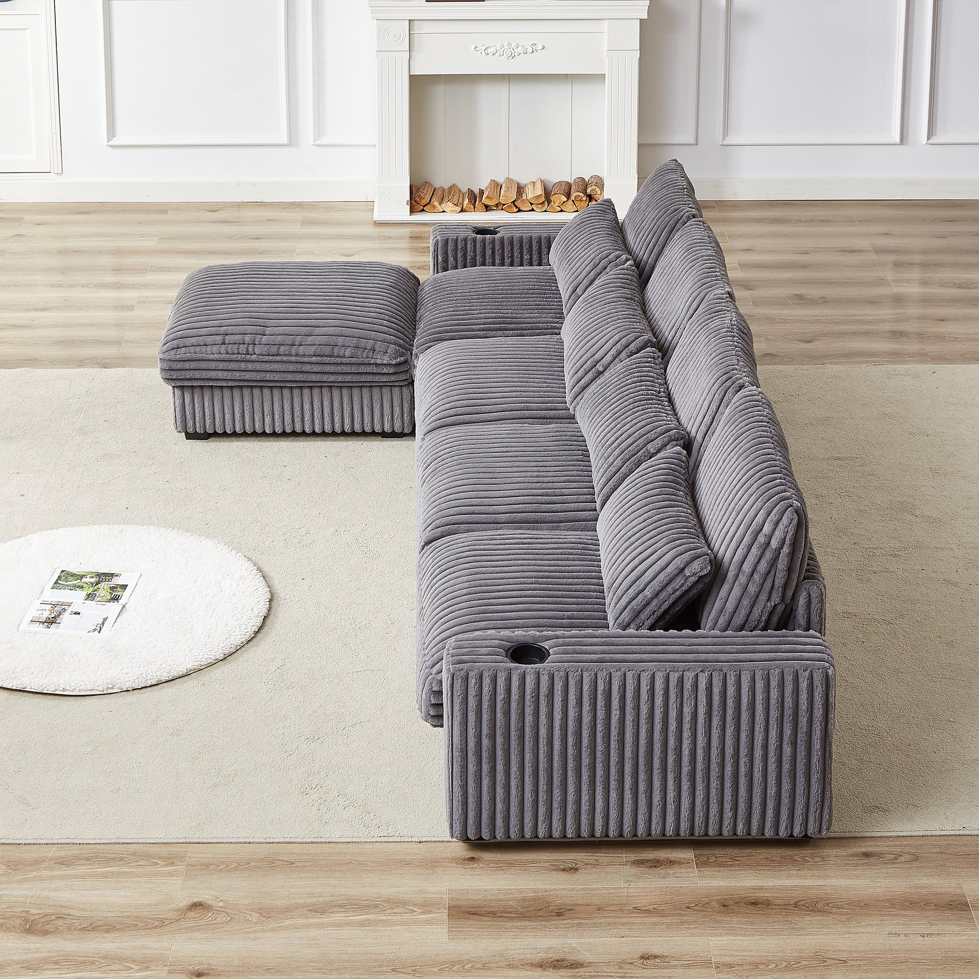 128 Inch Corduroy With Cup Holder Super Large L Shaped Sofa, Movable Footrest, Four Waist Pillows And Four Back Cushion, With Usb Port And T Pyce Port Grey Corduroy 4 Seat