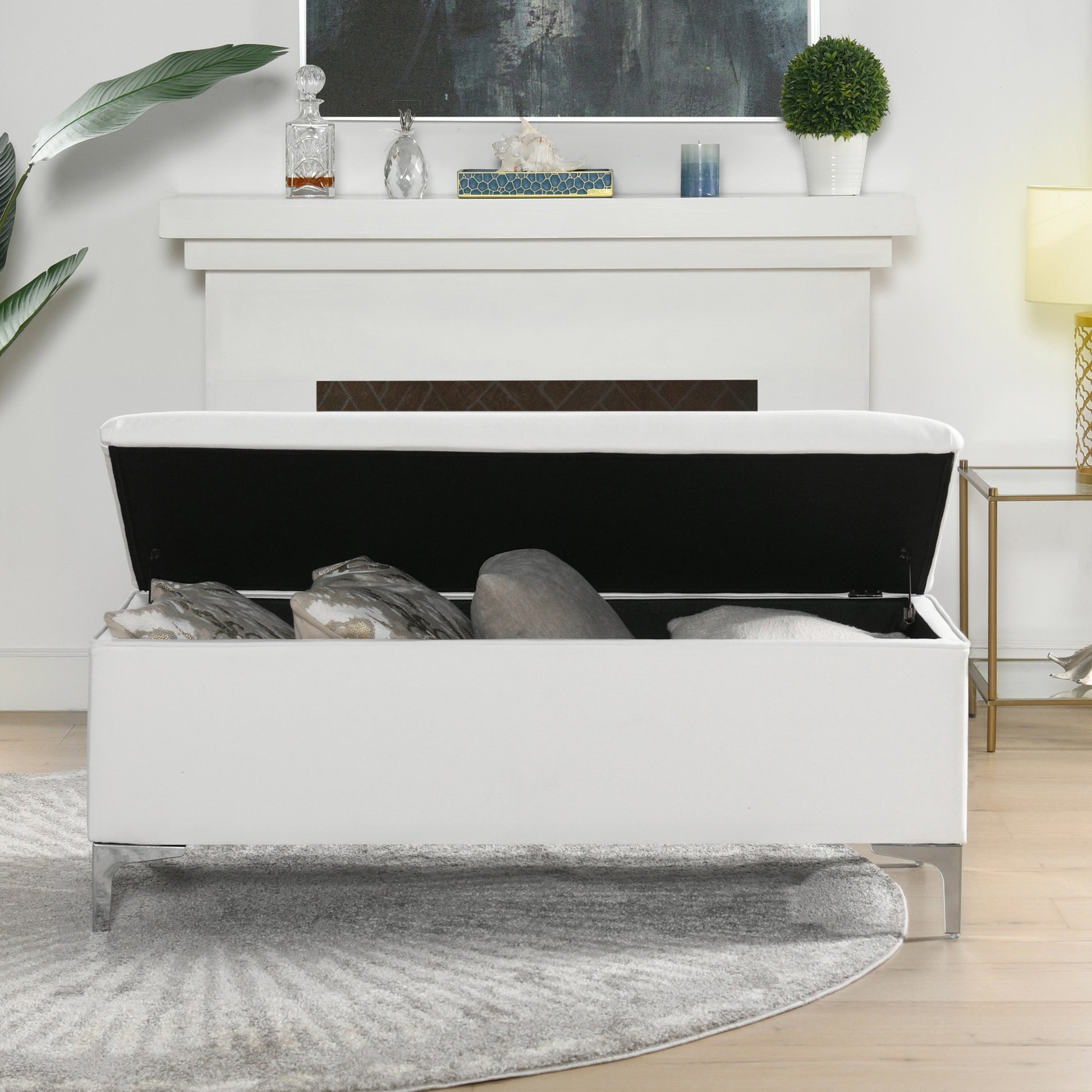 Madelyn 49" Modern Storage Bench, Bright White Dye White Foam Fabric