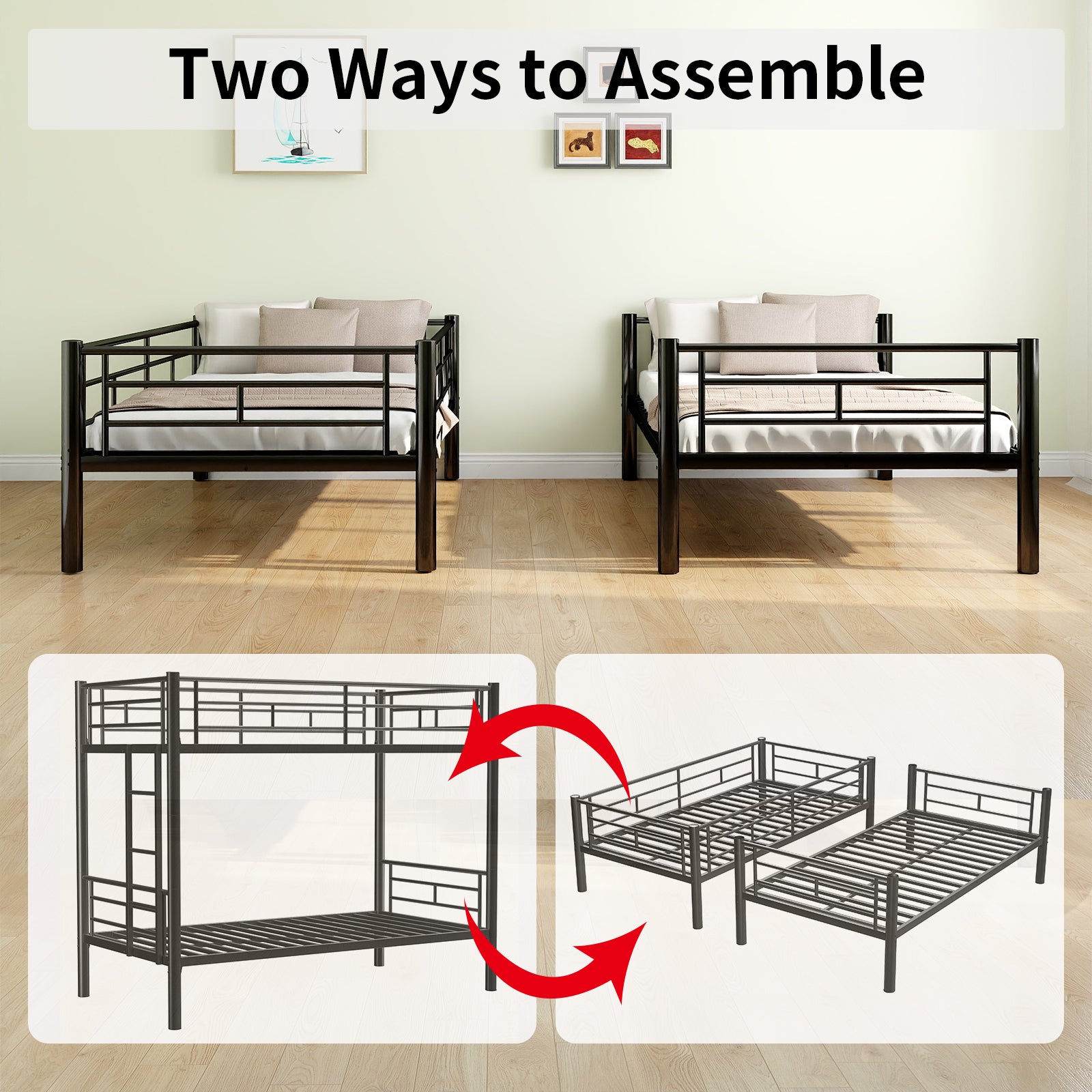 Bunk Bed Twin Over Twin Size With Ladder And High Guardrail, Able To Split, Metal Bunk Bed, Storage Space, Noise Free, Black Twin Black Metal Bedroom Metal