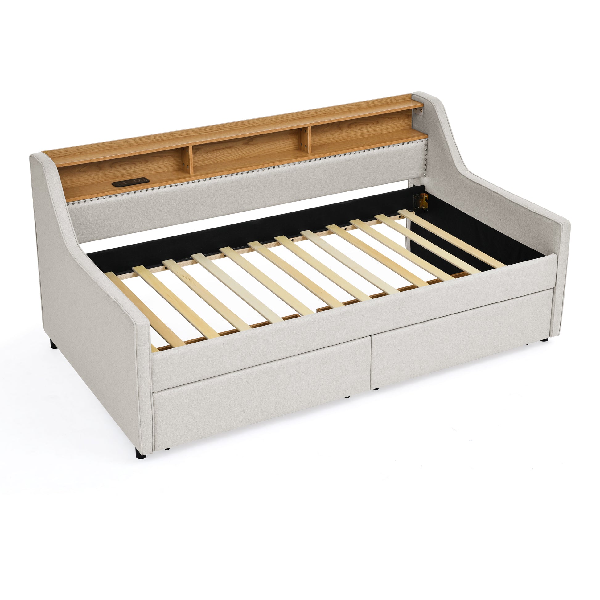 Twin Size Upholstery Sofa Bed With Three Led Lights, With Storage Adjustable Headboard, With Two Storage Pull Up Drawers And Wireless Charging, Linen Padded Sofa Bed Frame, Beige Box Spring Not Required Twin Beige Composite Bedroom Classic Eucalyptus