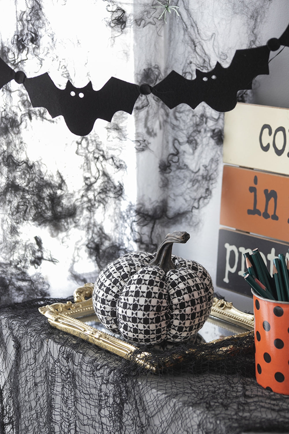 7X7X6.7" Fabric Black White Plaid Pumpkin Decor, For Holiday Halloween Decoration Black,White Polyester