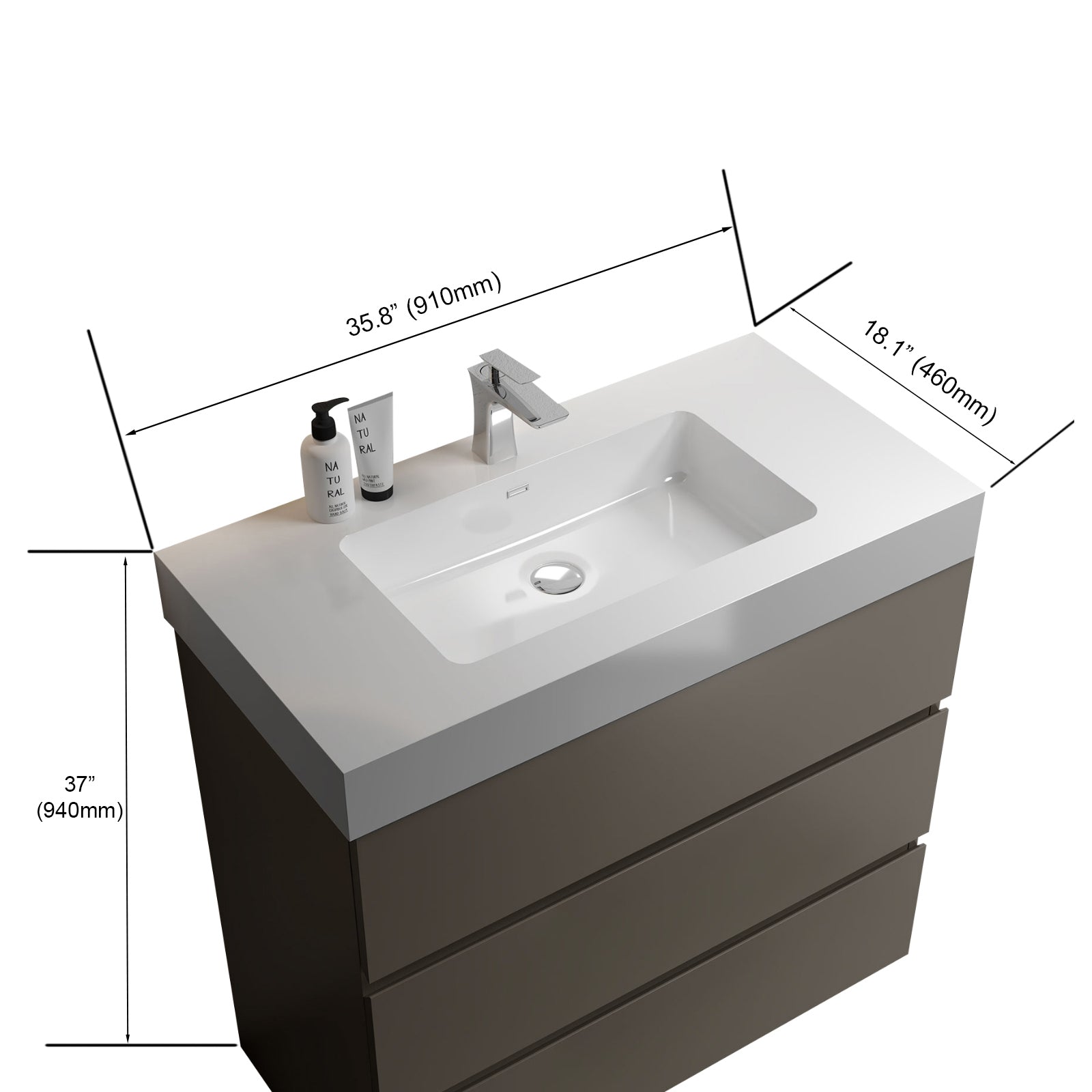 Alice 36" Gray Bathroom Vanity With Sink, Large Storage Freestanding Bathroom Vanity For Modern Bathroom, One Piece White Sink Basin Without Drain And Faucet, Pre Assembled Gray Melamine