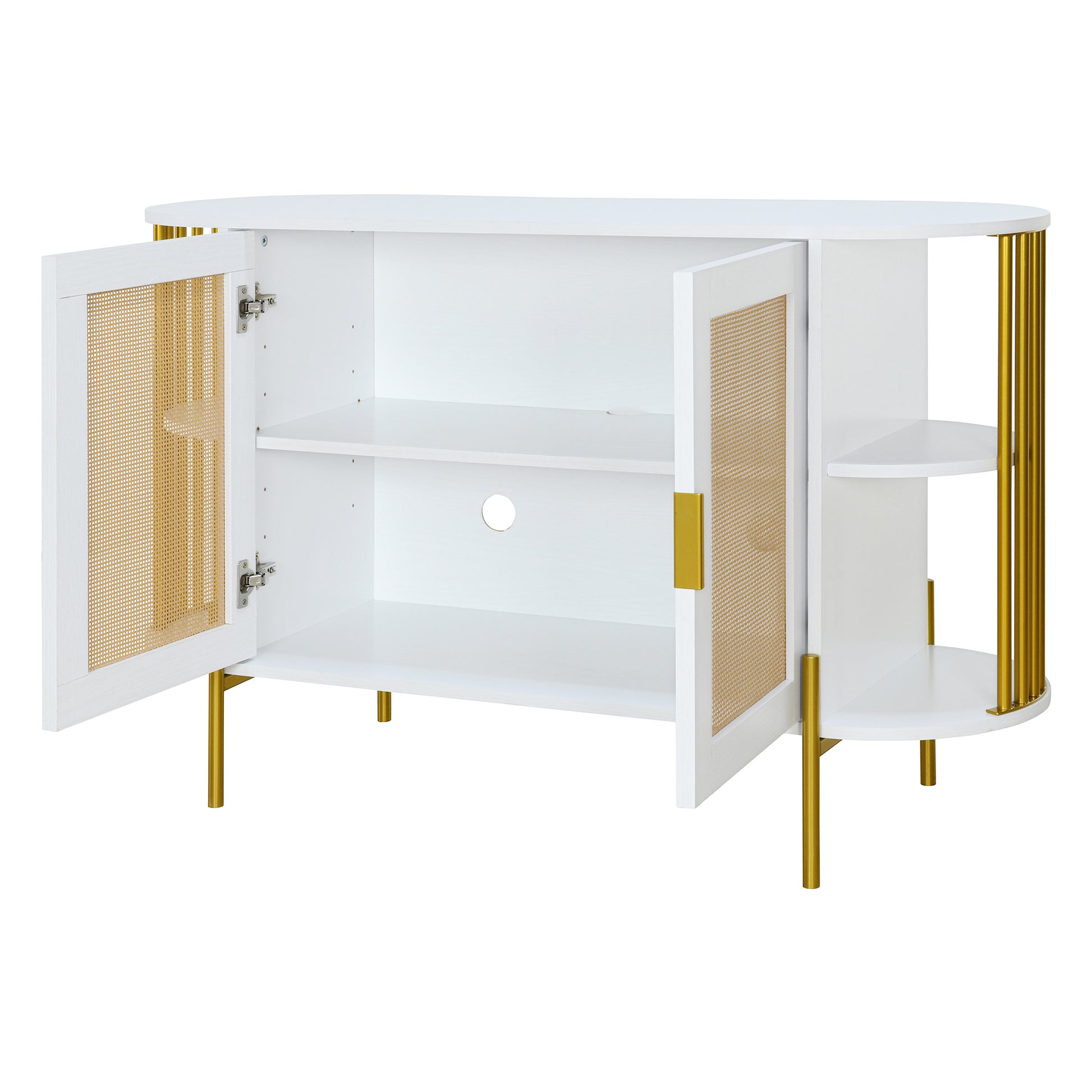 2 Door Elegant Curved Dining Cabinet With Gold Trim And Woven Rattan Doors For Dining Room White White Particle Board