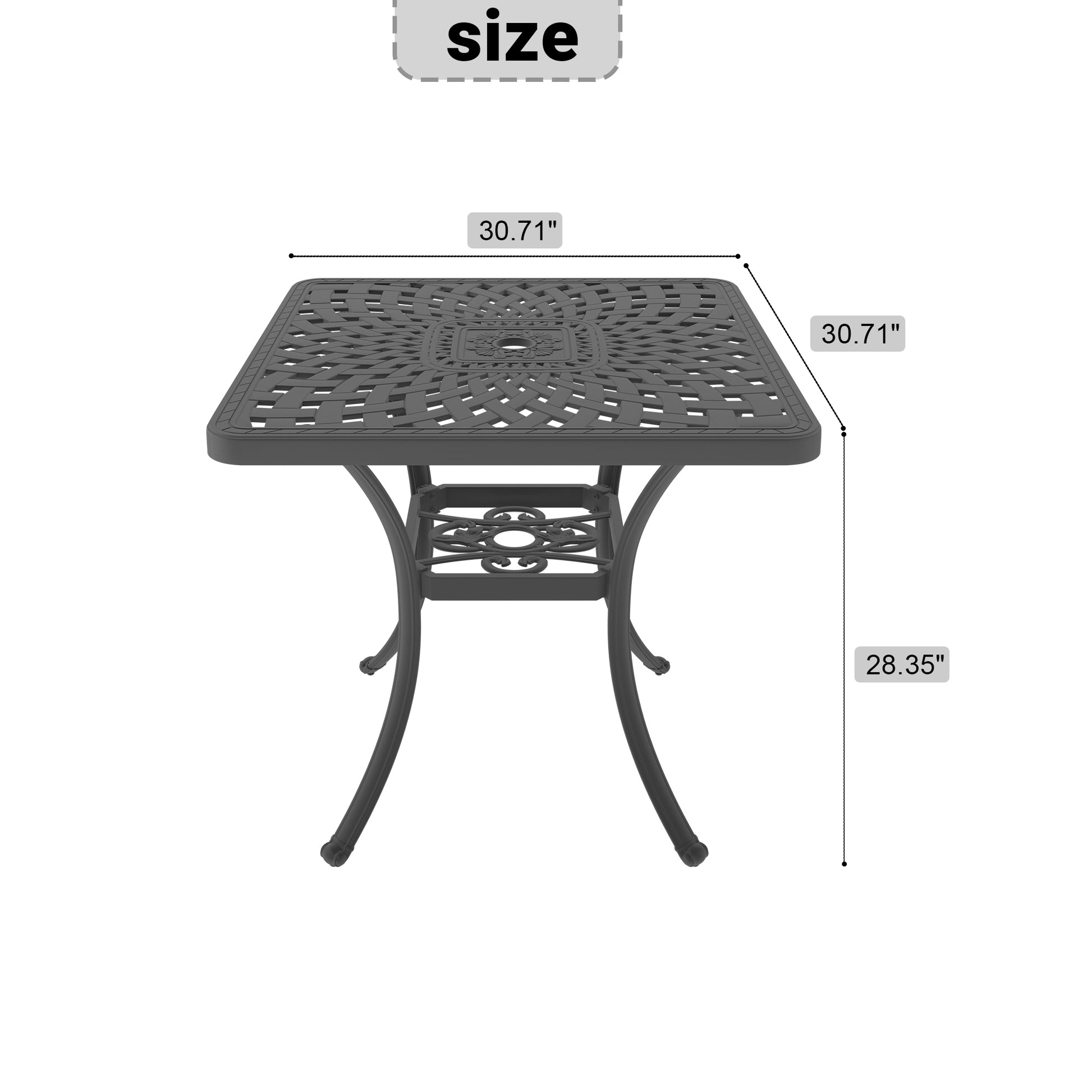 L30.71*W30.71 Inch Cast Aluminum Patio Dining Table With Black Frame And Umbrella Hole Dining Set Black Rust Resistant Frame Garden & Outdoor Complete Patio Sets Aluminium