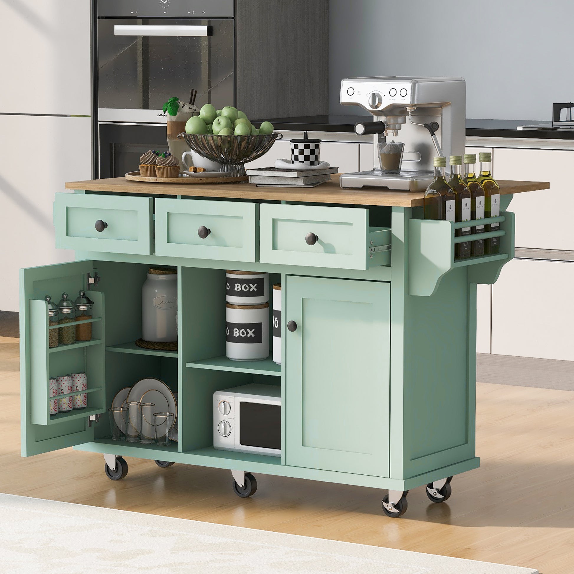 Kitchen Cart With Rubber Wood Drop Leaf Countertop ,Cabinet Door Internal Storage Racks,Kitchen Island On 5 Wheels With Storage Cabinet And 3 Drawers For Dinning Room, Mint Green Mint Green Kitchen American Design,American Traditional,Antique Rectangular