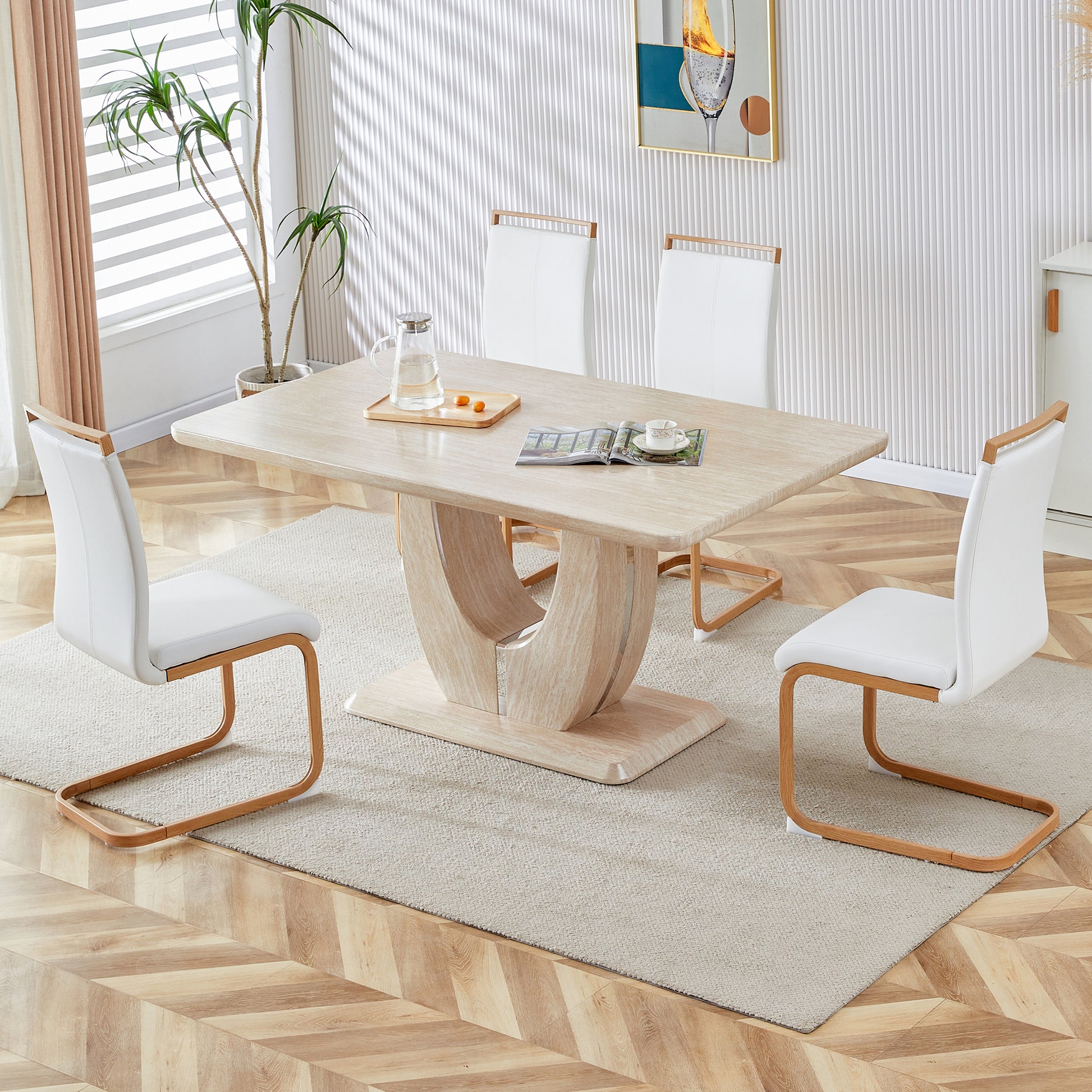 Table And Chair Set. Modern Minimalist Luxury Mdf Rectangular Dining Table With Textured Stickers On The Table And 4 Pu Synthetic Leather High Back Upholstered Side Chairs. White Seats 4 Mdf