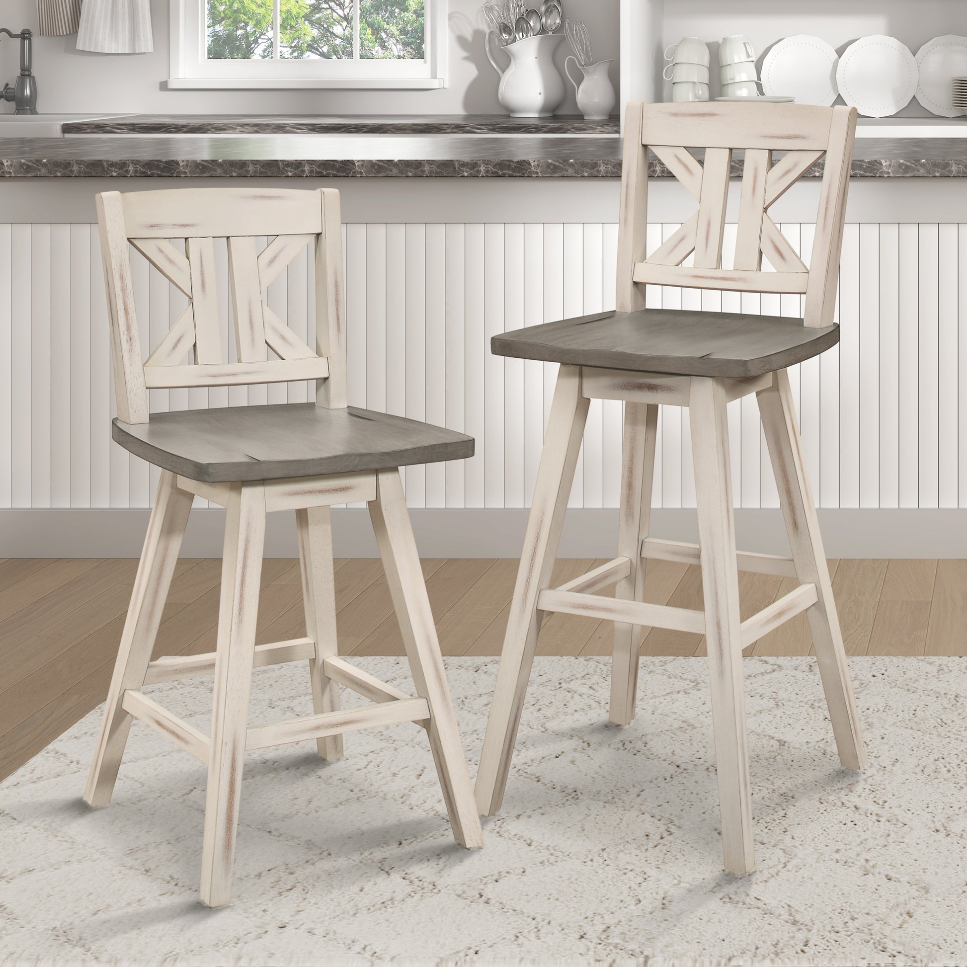 Pub Height Chairs Set Of 2, Distressed Gray And White 360 Degree Swivel Chair Solid Rubberwood Furniture, Divided X Back Bar Chairs White Gray Dining Room Rustic Solid Wood