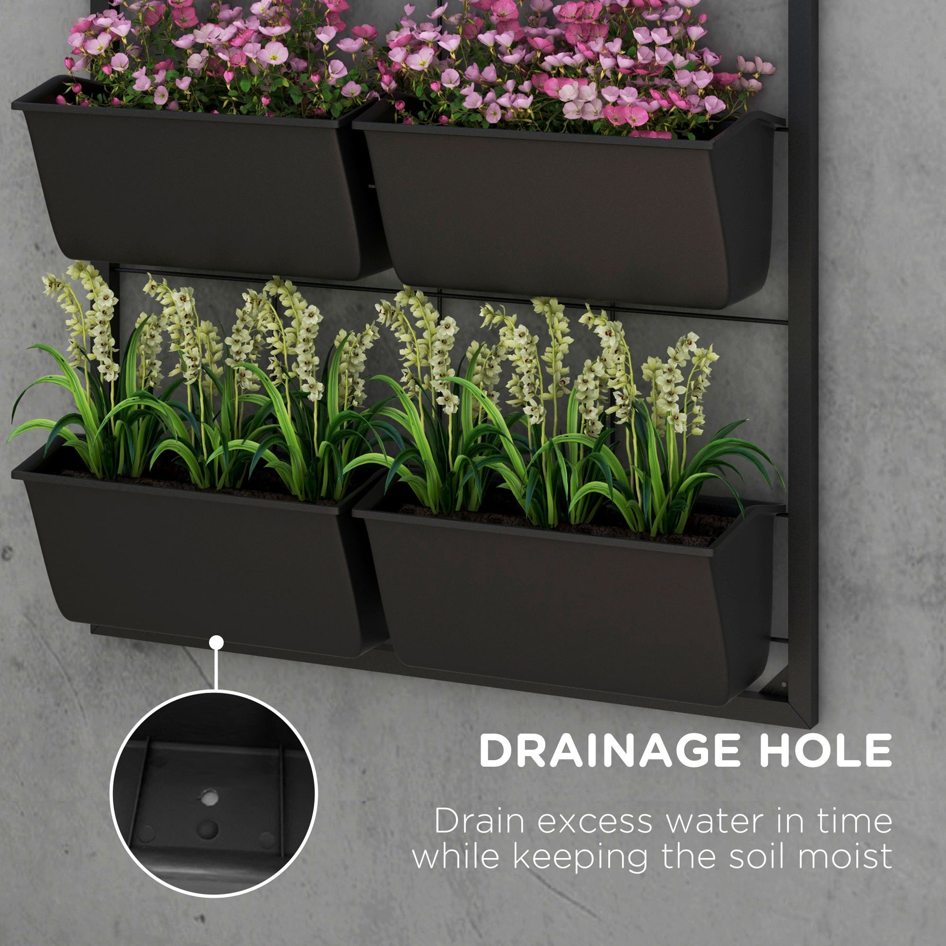 Outsunny 3 Tier Wall Planter With 6 Pots For Indoor And Outdoor Use, Hanging Plant Holder, Self Draining Wall Mounted Planter For Vegetables, Flowers, Herbs, Black Black Steel