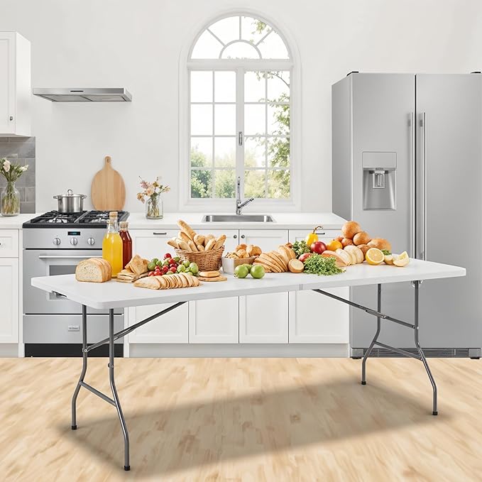 6Ft Folding Table Portable, Heavy Duty Table With Handle For Camping, Picnic, Party, Indoor & Outdoor Use, Easy To Clean & Space Saving Design White Steel