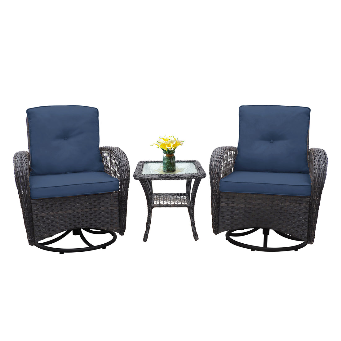 3 Pieces Conversation Set, Outdoor Wicker Rocker Swivel Patio Bistro Set, Rocking Chair With Glass Top Side Table,Navy Blue Yes Complete Patio Set Navy Blue Seats 2 Weather Resistant Frame Garden & Outdoor Retro,Vintage Complete Patio Sets Hdpe Metal