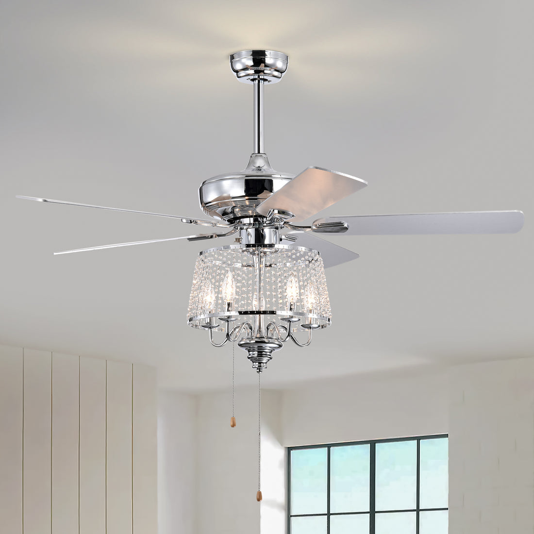 52 Inch Crystal Ceiling Fanmodern Electrical Fan With 5 Wood Reversible Blades, 4 Bulbs Not Included,Noiseless Reversible Ac Motor For Bedroom Living Room Study Patio Home Decoration Chrome Chrome Contemporary,Modern Crystal Metal