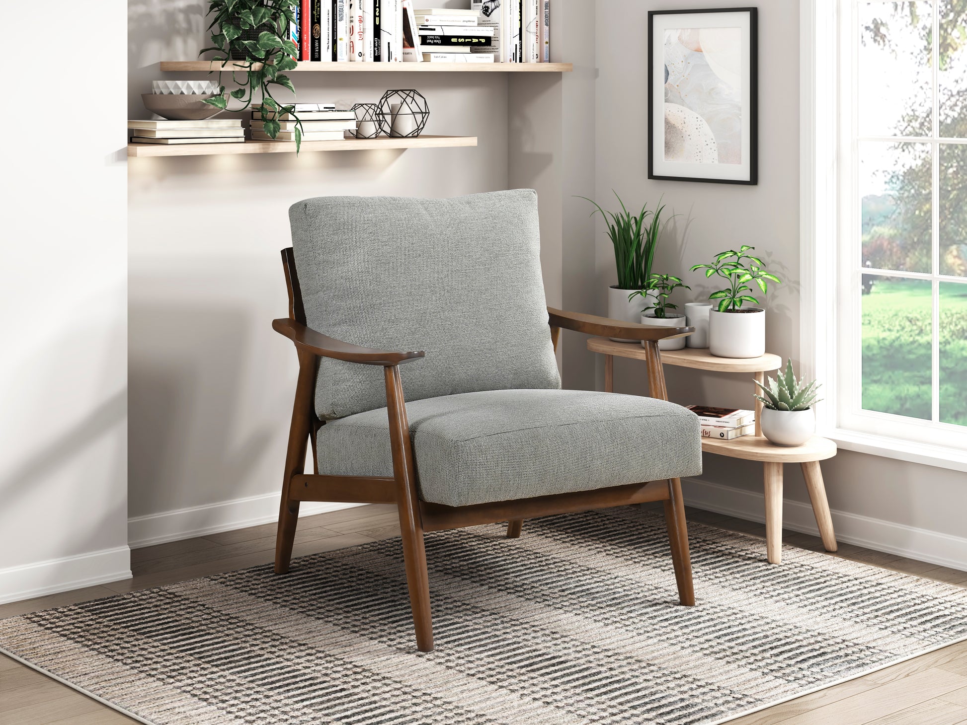 Modern Living Room 1Pc Gray Accent Chair Solid Wood Brown Finish Wooden Furniture Gray Primary Living Space Rubberwood Solid Wood