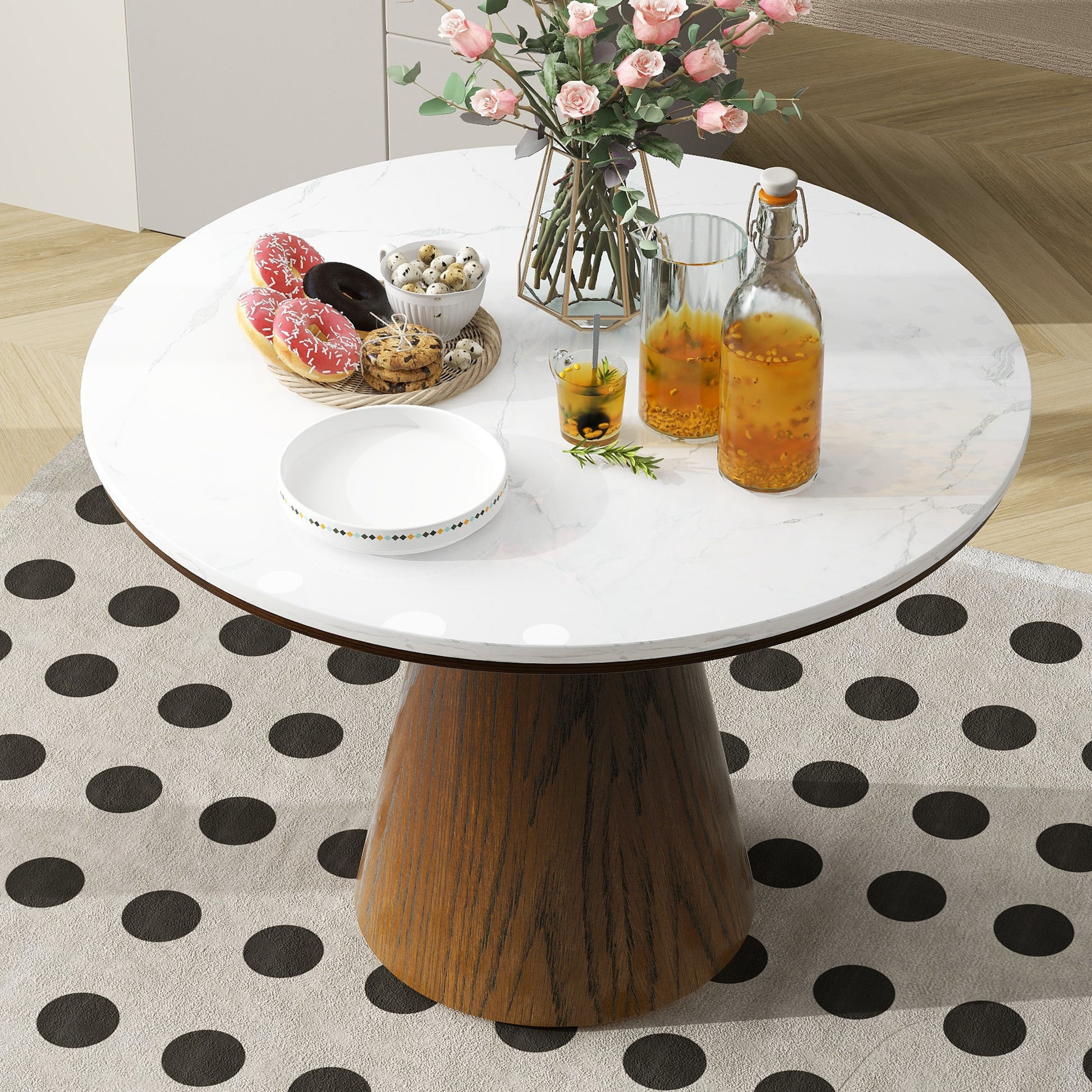 Retro Round Dining Table Minimalist Elegant Table For Living Room, Dining Room White Brown Brown White Rubber Wood