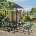 Outsunny 8 Piece Patio Dining Set With Table Umbrella, 6 Folding Chairs And Rectangle Dining Table, Outdoor Patio Furniture Set, Black Black Metal