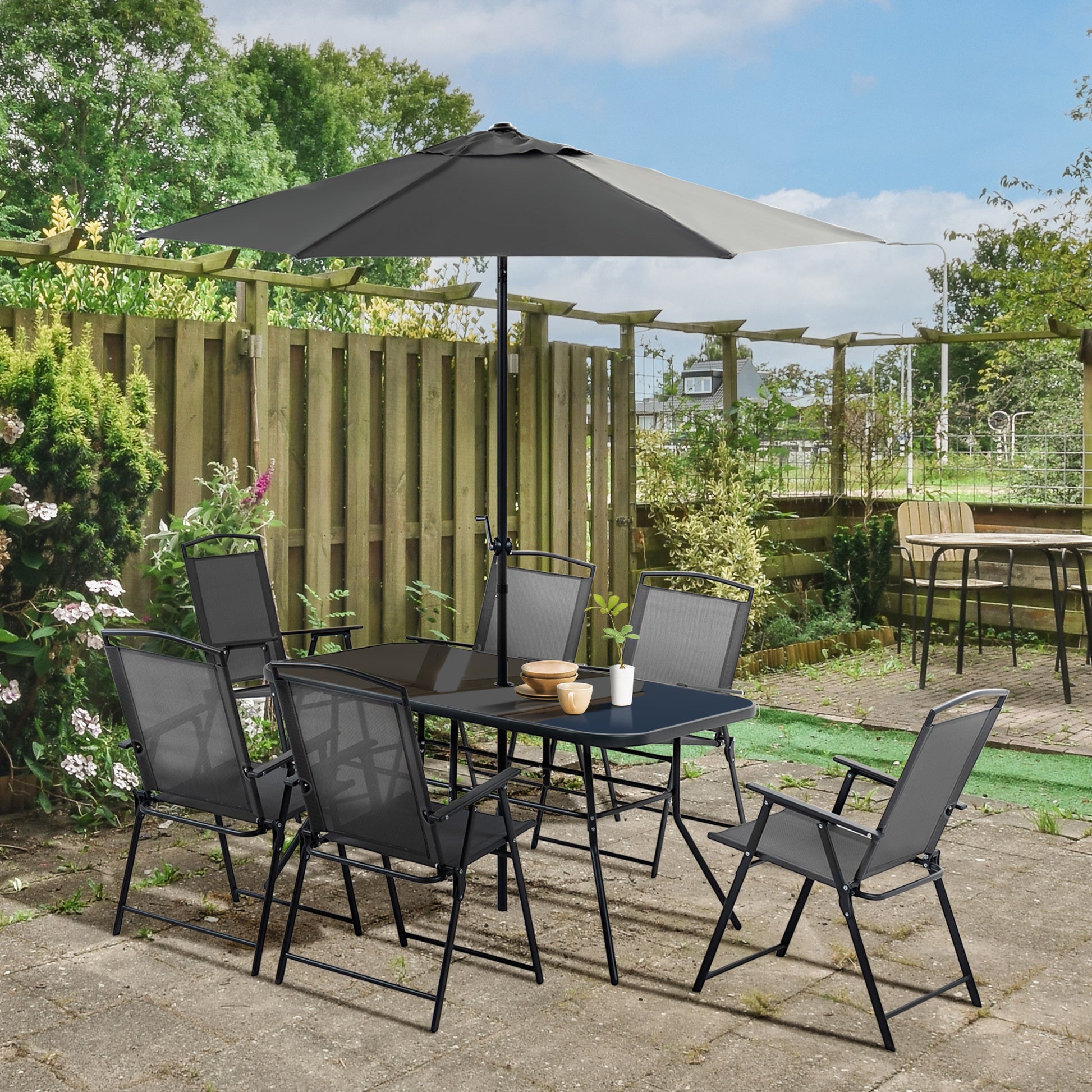 Outsunny 8 Piece Patio Dining Set With Table Umbrella, 6 Folding Chairs And Rectangle Dining Table, Outdoor Patio Furniture Set, Black Black Metal
