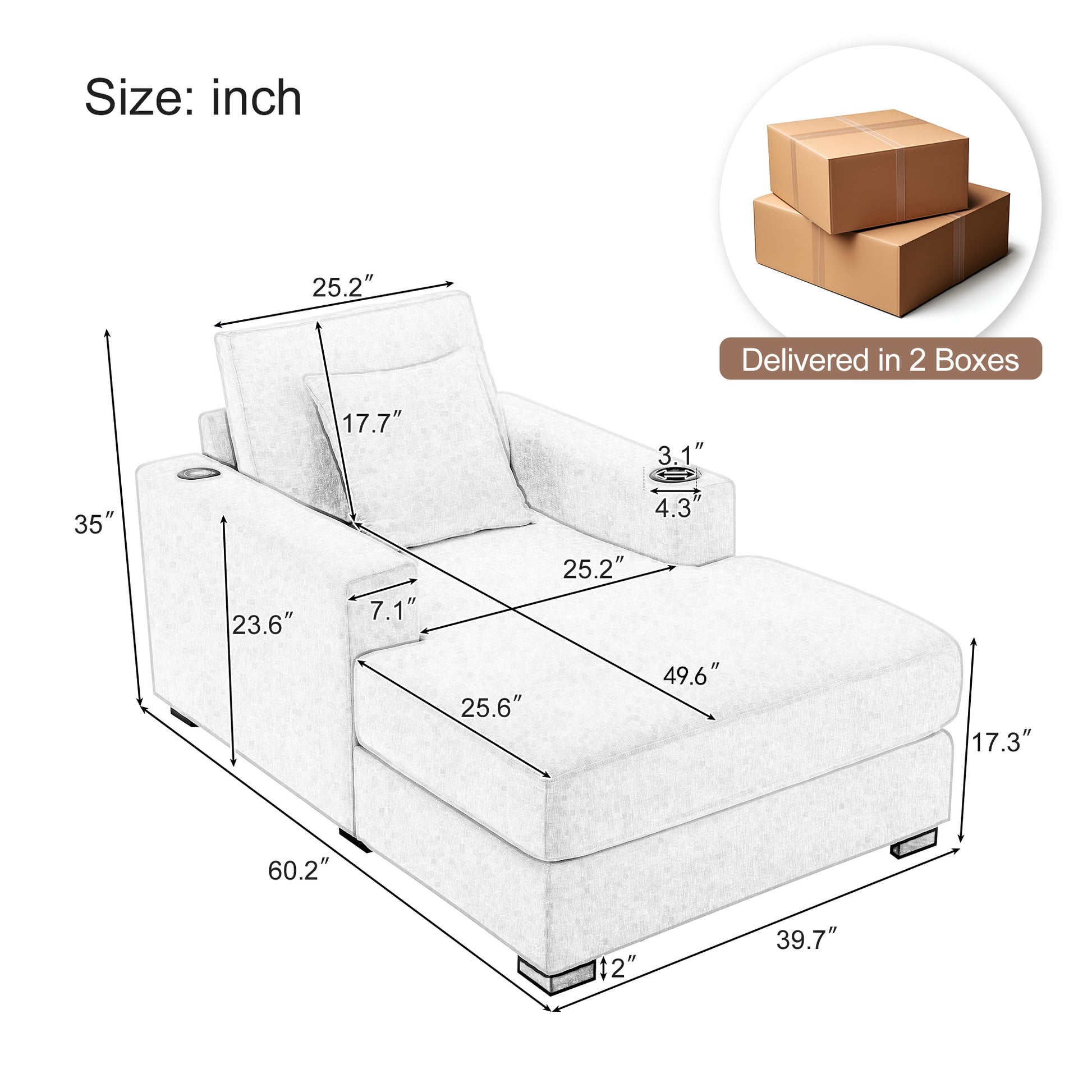 39.7" Oversized Chaise Lounger Modern Style Sofa Couch ,With Pillows, Charge Station & Cup Holders, Chenille Fabric, Blue Gray Blue Gray Chenille